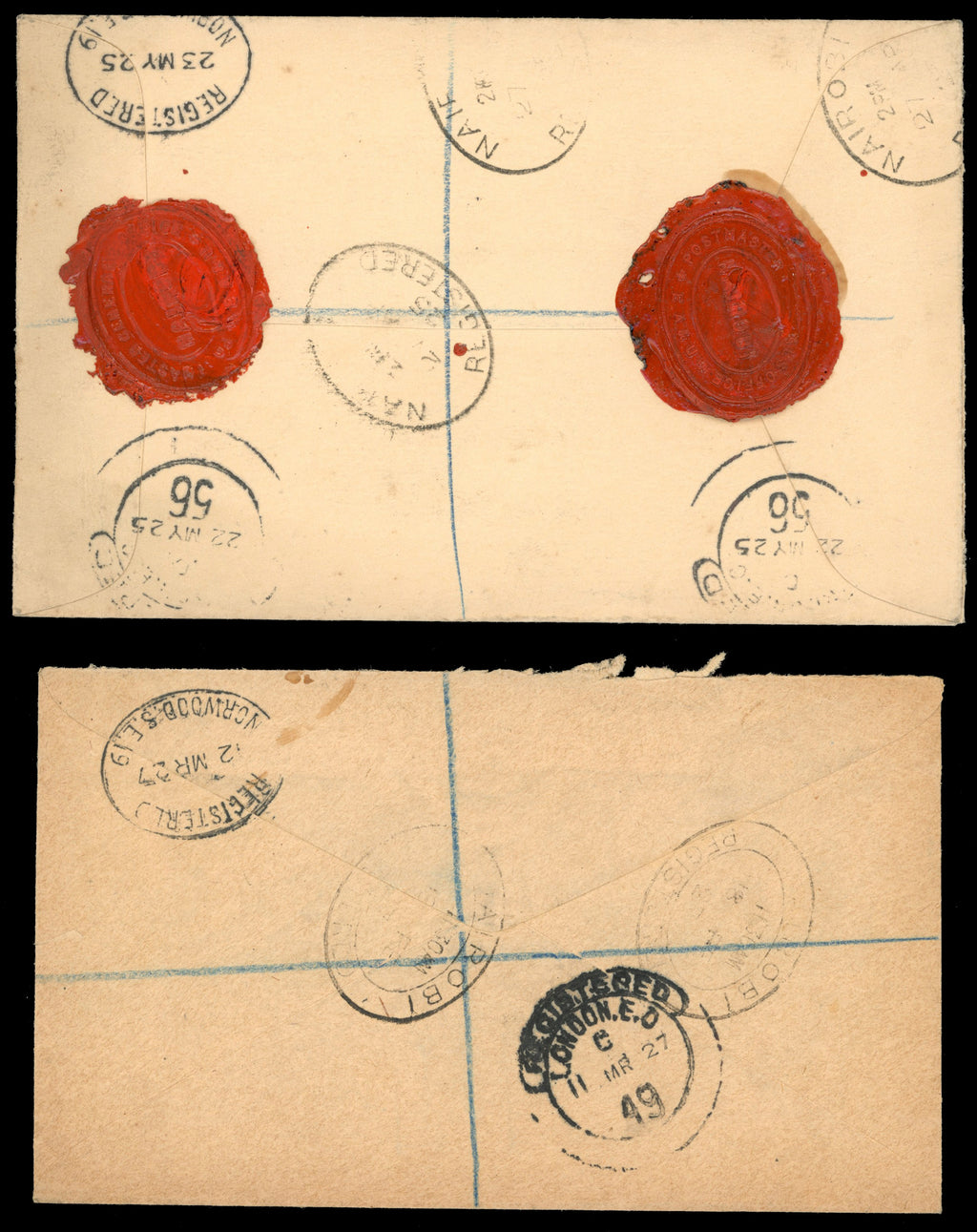 KUT SG 85/86 Cover 1922-27 50c, 75c on seperate registered covers to London