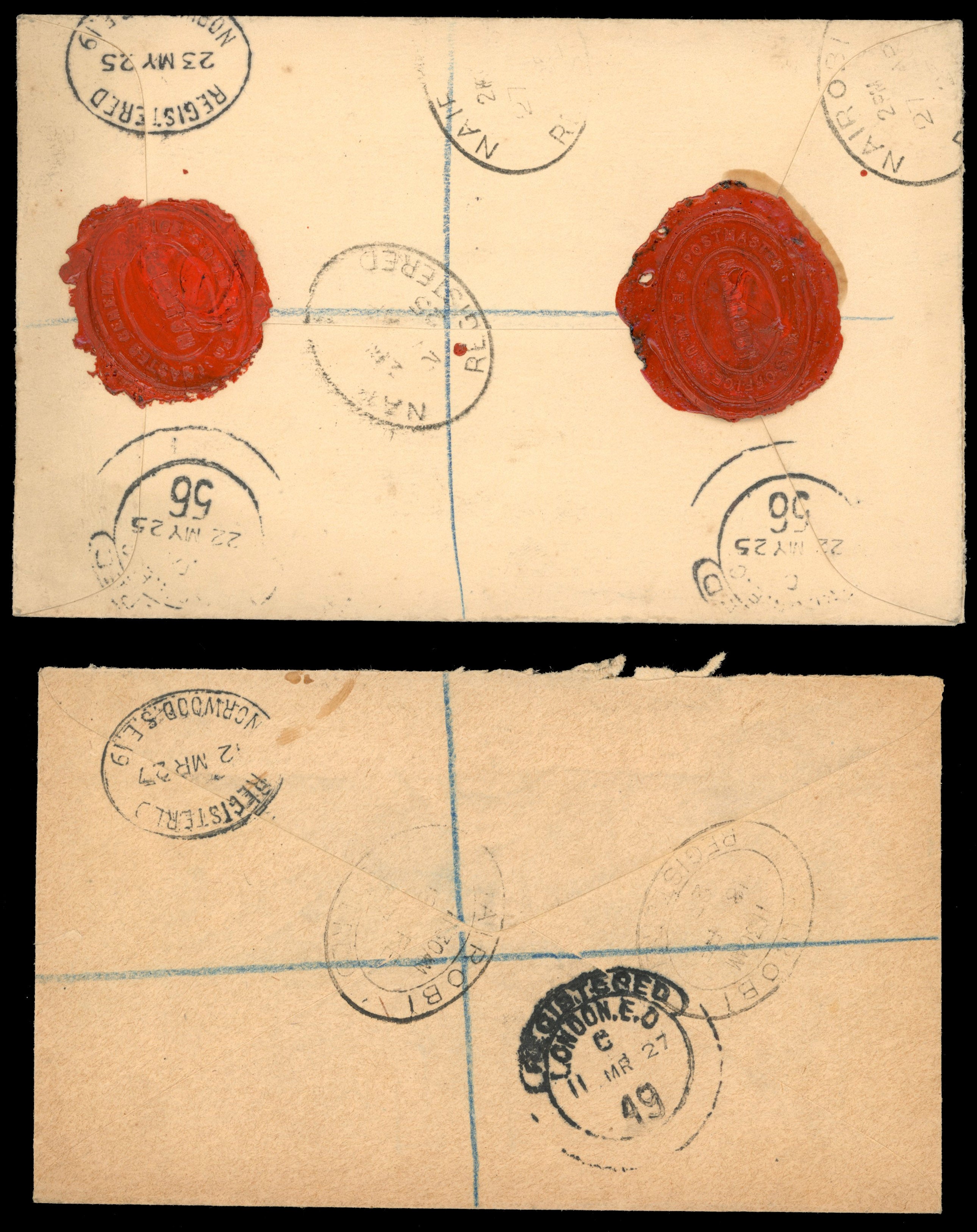 KUT SG 85/86 Cover 1922-27 50c, 75c on seperate registered covers to London