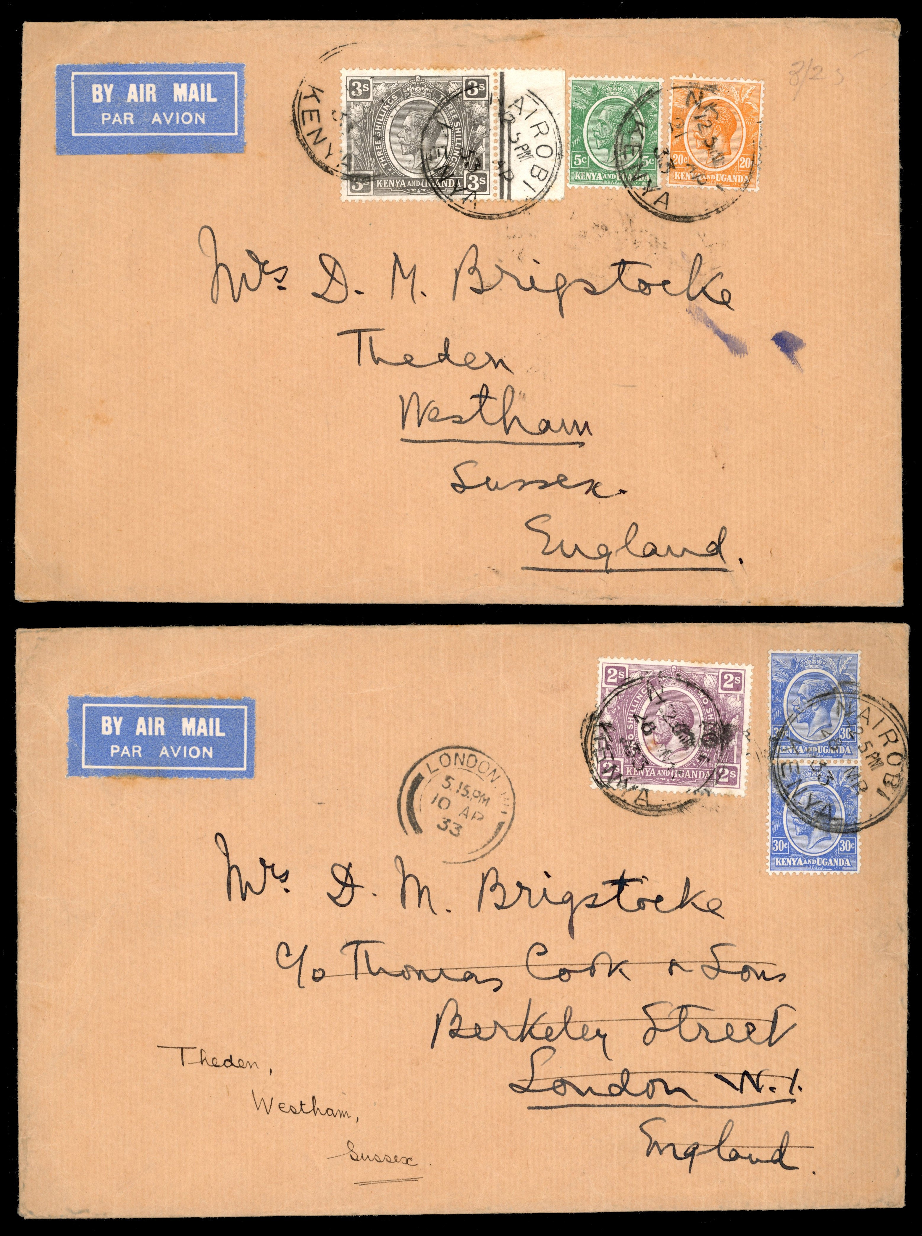 KUT SG 88, 90 1922-27 2s, 3s on separate airmail covers to England