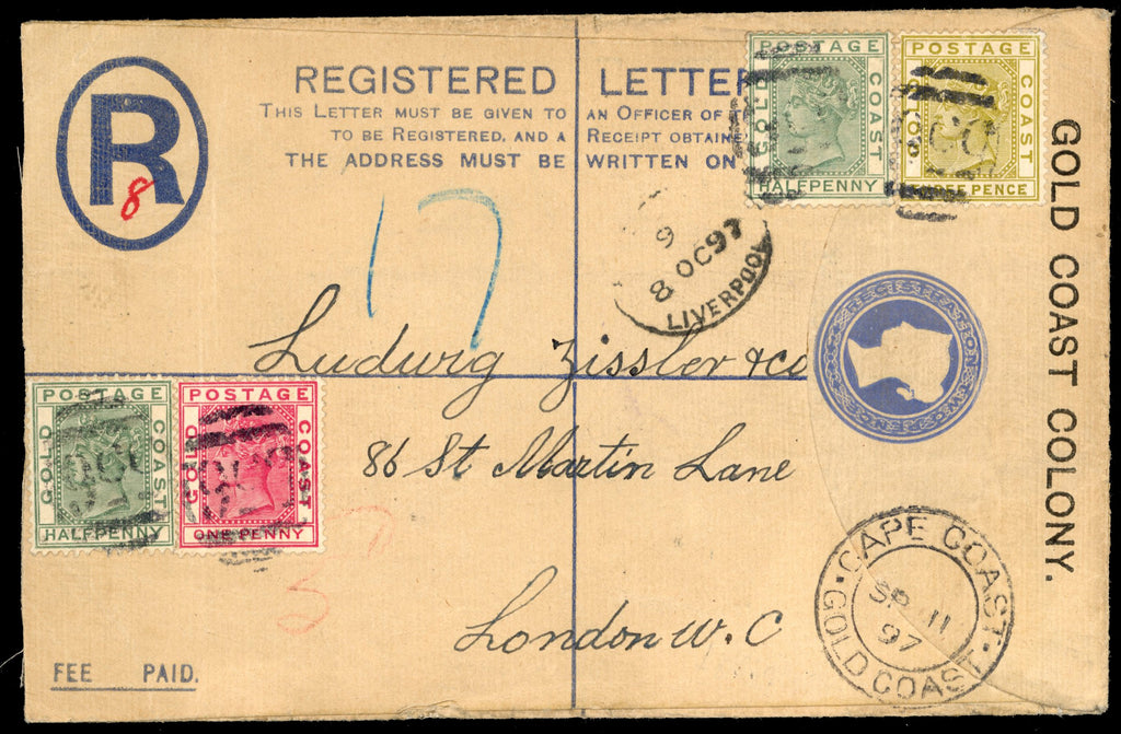 Gold Coast SG 11a, 12a, 15 1897 2d registered postal stationery envelope used to London with 1884-91 ½d, 1d, 3d