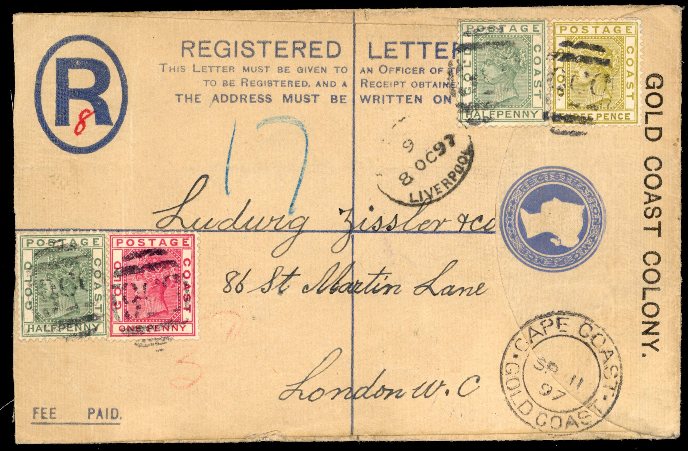 Gold Coast SG 11a, 12a, 15 1897 2d registered postal stationery envelope used to London with 1884-91 ½d, 1d, 3d
