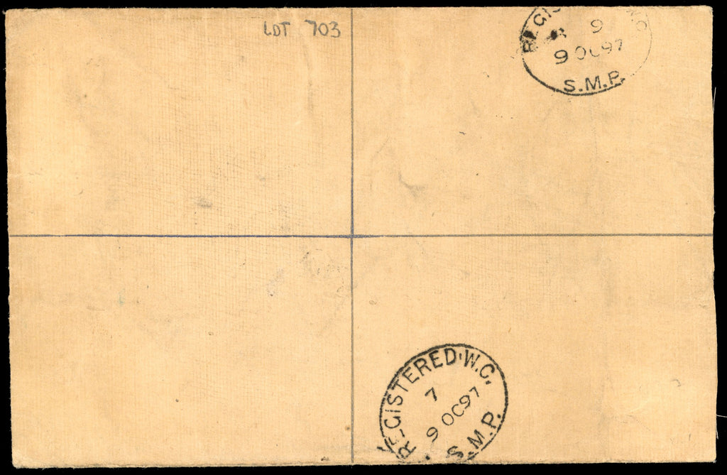 Gold Coast SG 11a, 12a, 15 1897 2d registered postal stationery envelope used to London with 1884-91 ½d, 1d, 3d