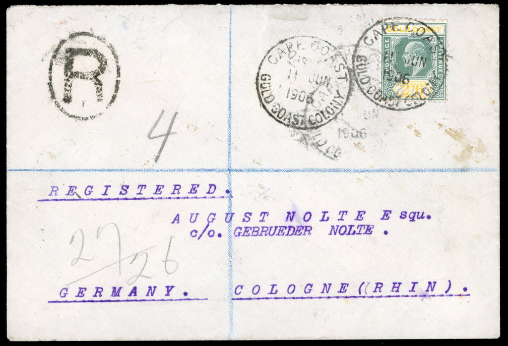 Gold Coast SG 57 1906 registered cover to Germany with 1904-06 2s6d green and yellow