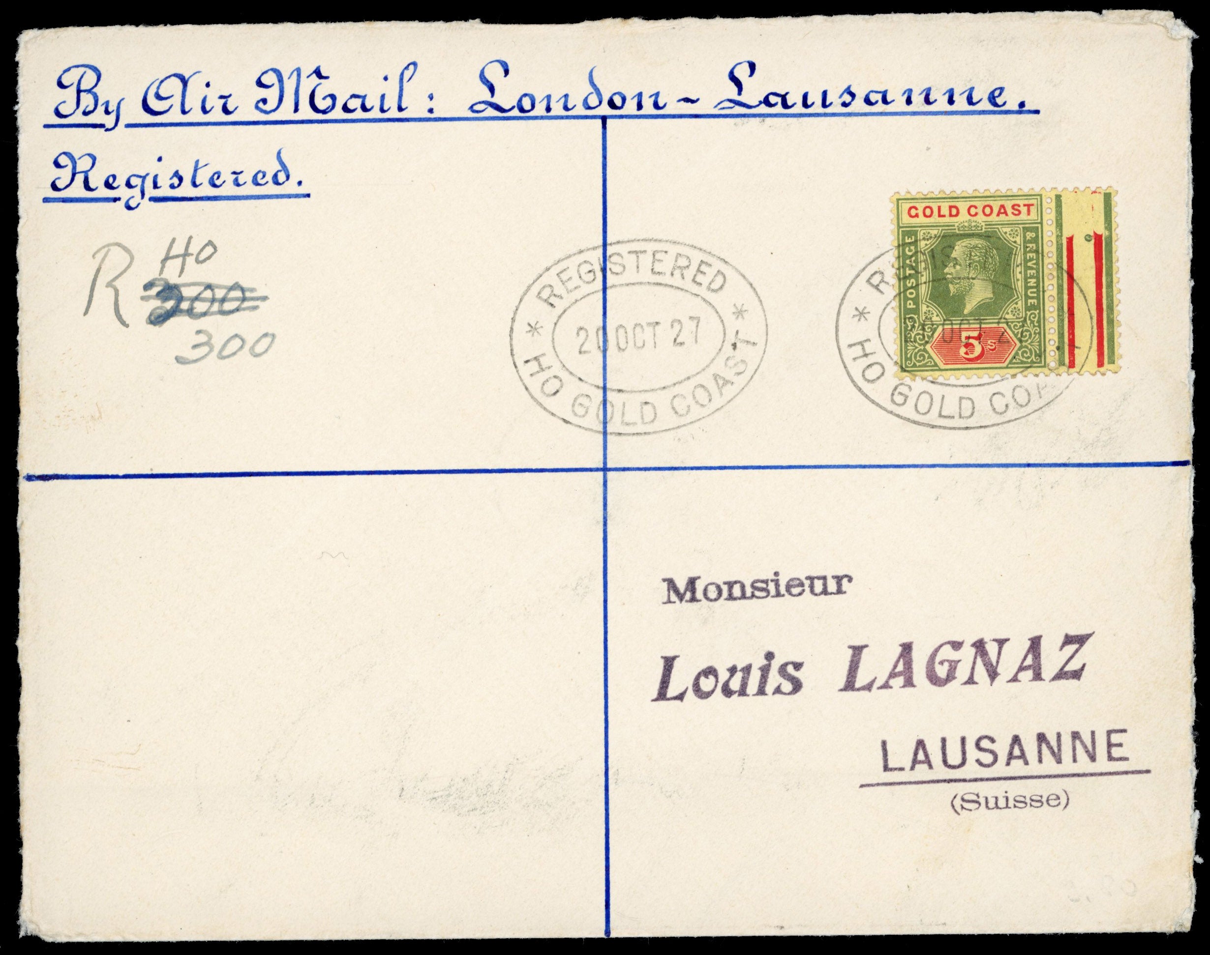 Gold Coast SG 98 1927 registered cover from Ho to Switzerland with 1921-24 5s green and red on pale yellow