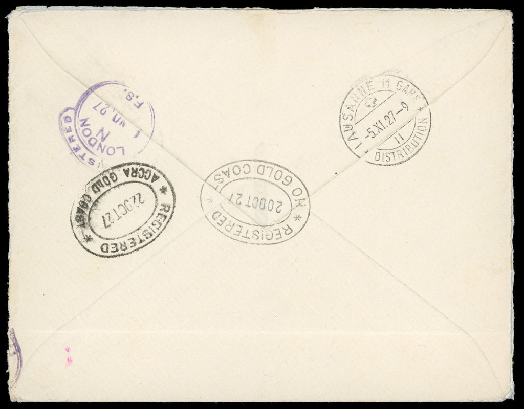 Gold Coast SG 98 1927 registered cover from Ho to Switzerland with 1921-24 5s green and red on pale yellow
