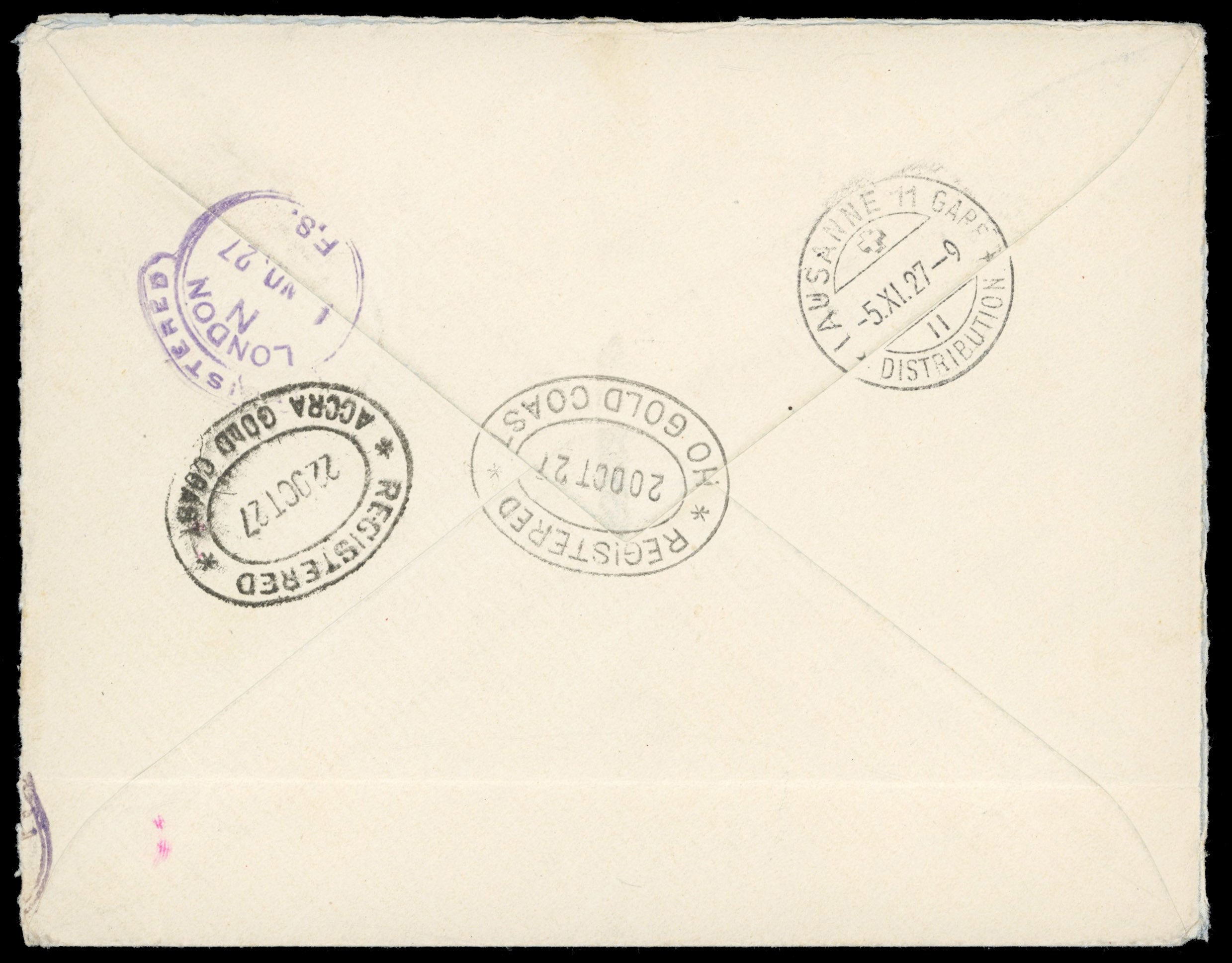 Gold Coast SG 98 1927 registered cover from Ho to Switzerland with 1921-24 5s green and red on pale yellow