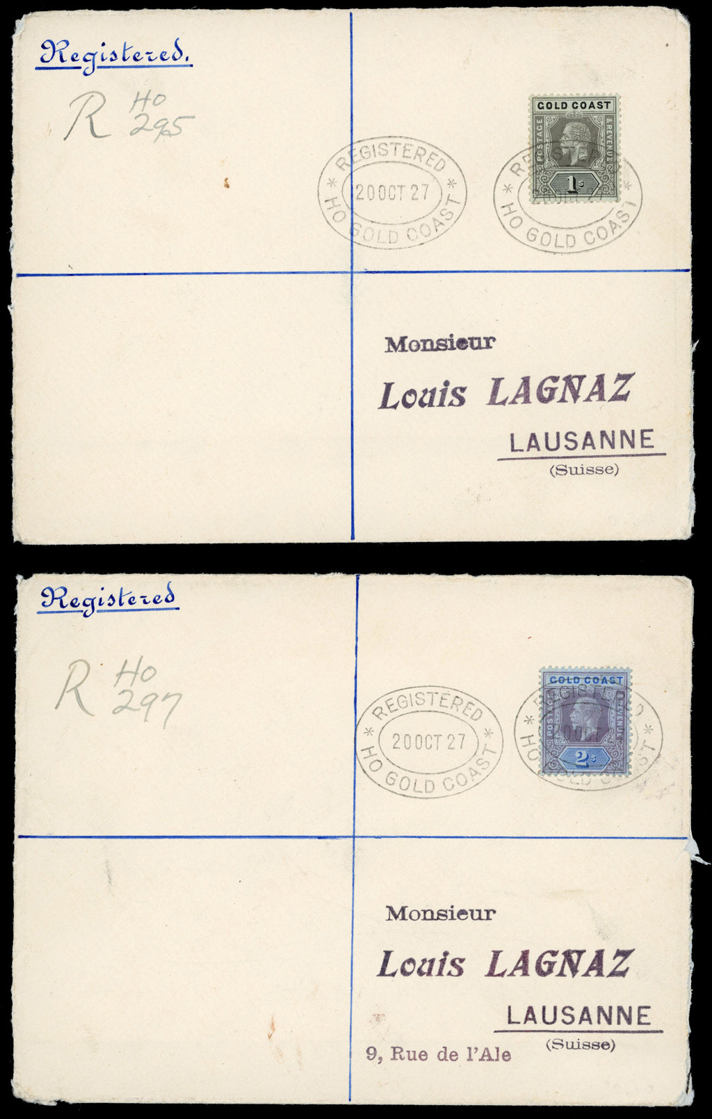 Gold Coast SG 79c, 80 1927 pair of registered covers from Ho to Switzerland with 1913-21 1s, 2s