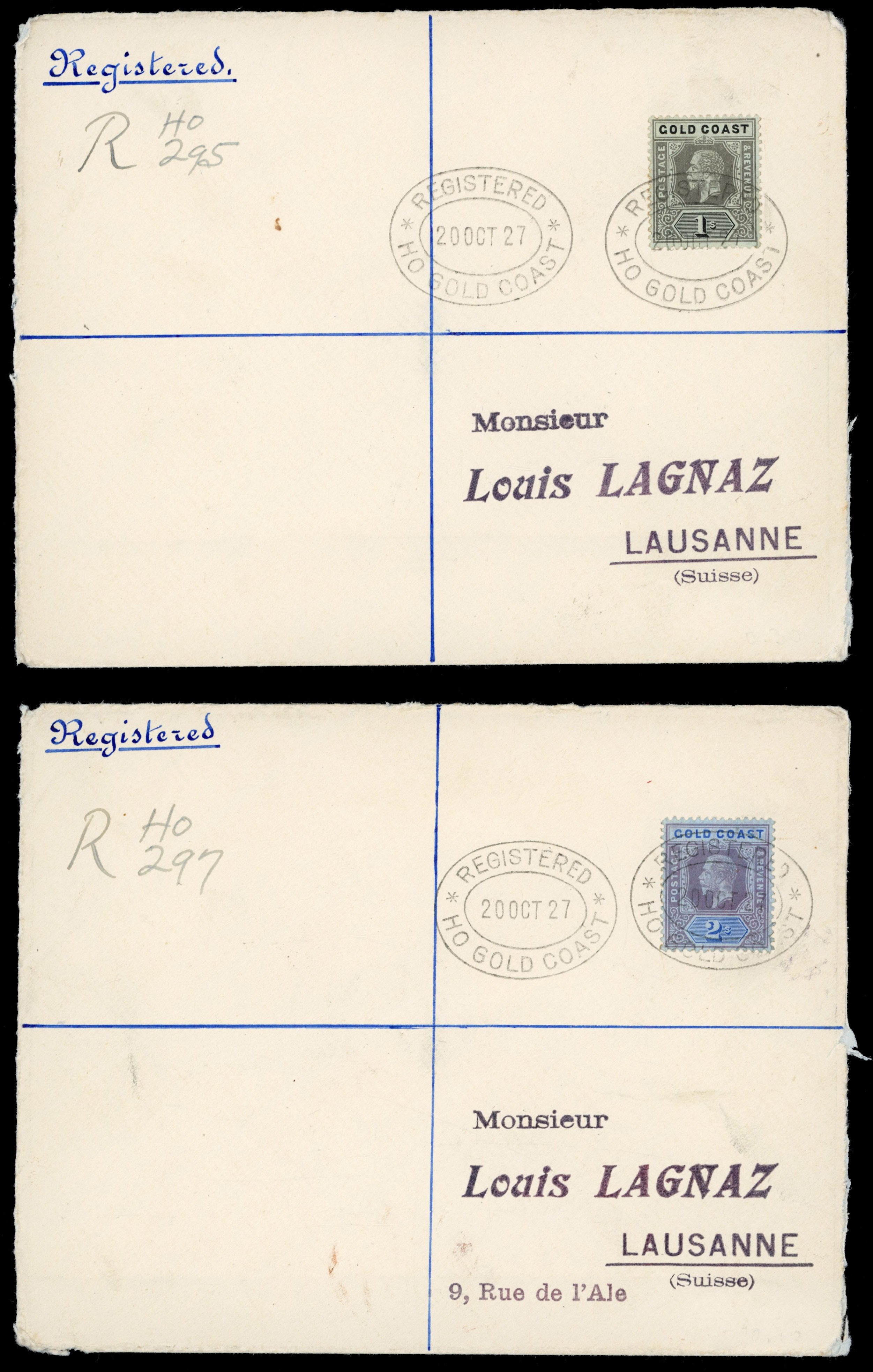 Gold Coast SG 79c, 80 1927 pair of registered covers from Ho to Switzerland with 1913-21 1s, 2s