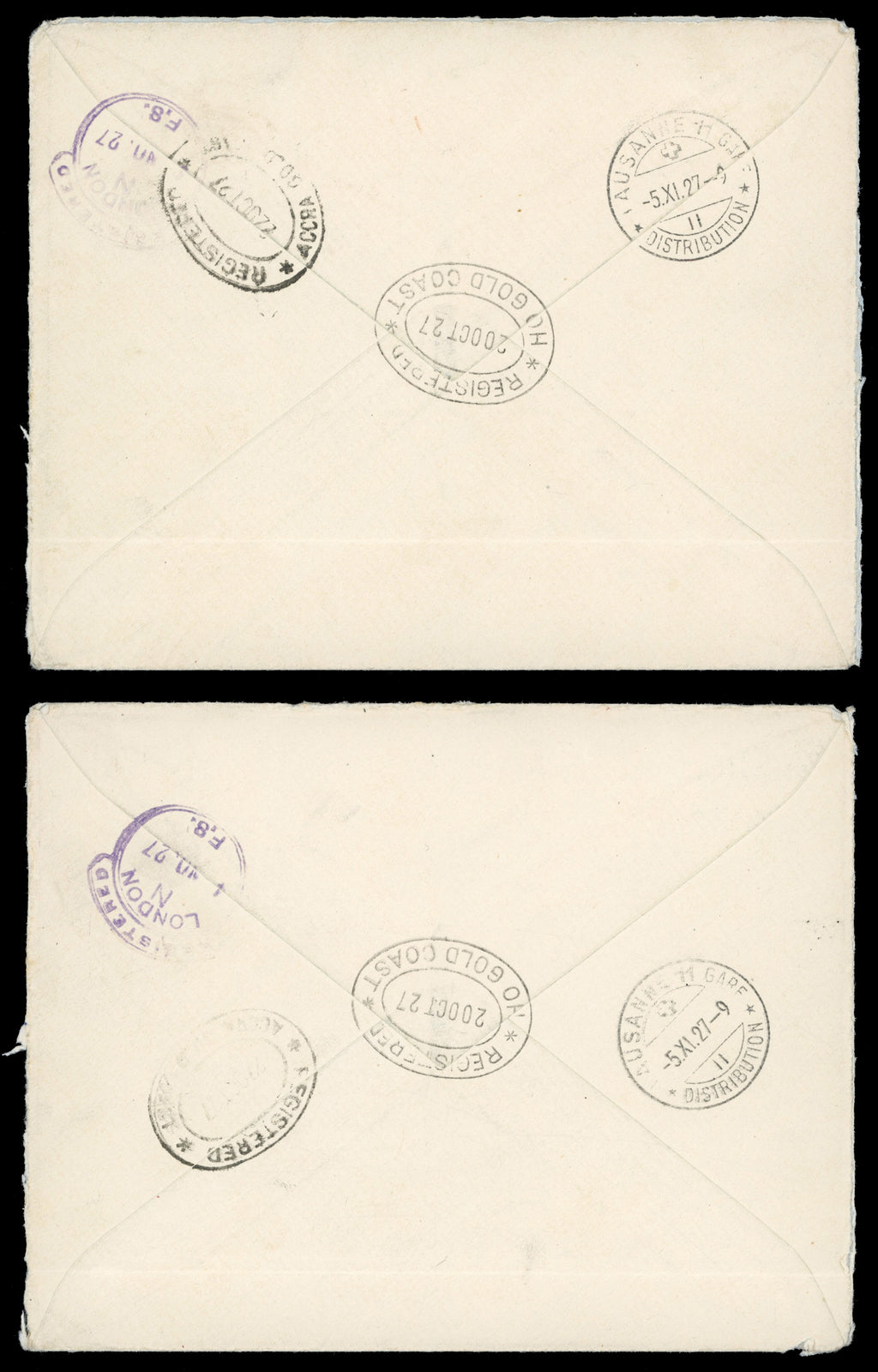 Gold Coast SG 79c, 80 1927 pair of registered covers from Ho to Switzerland with 1913-21 1s, 2s