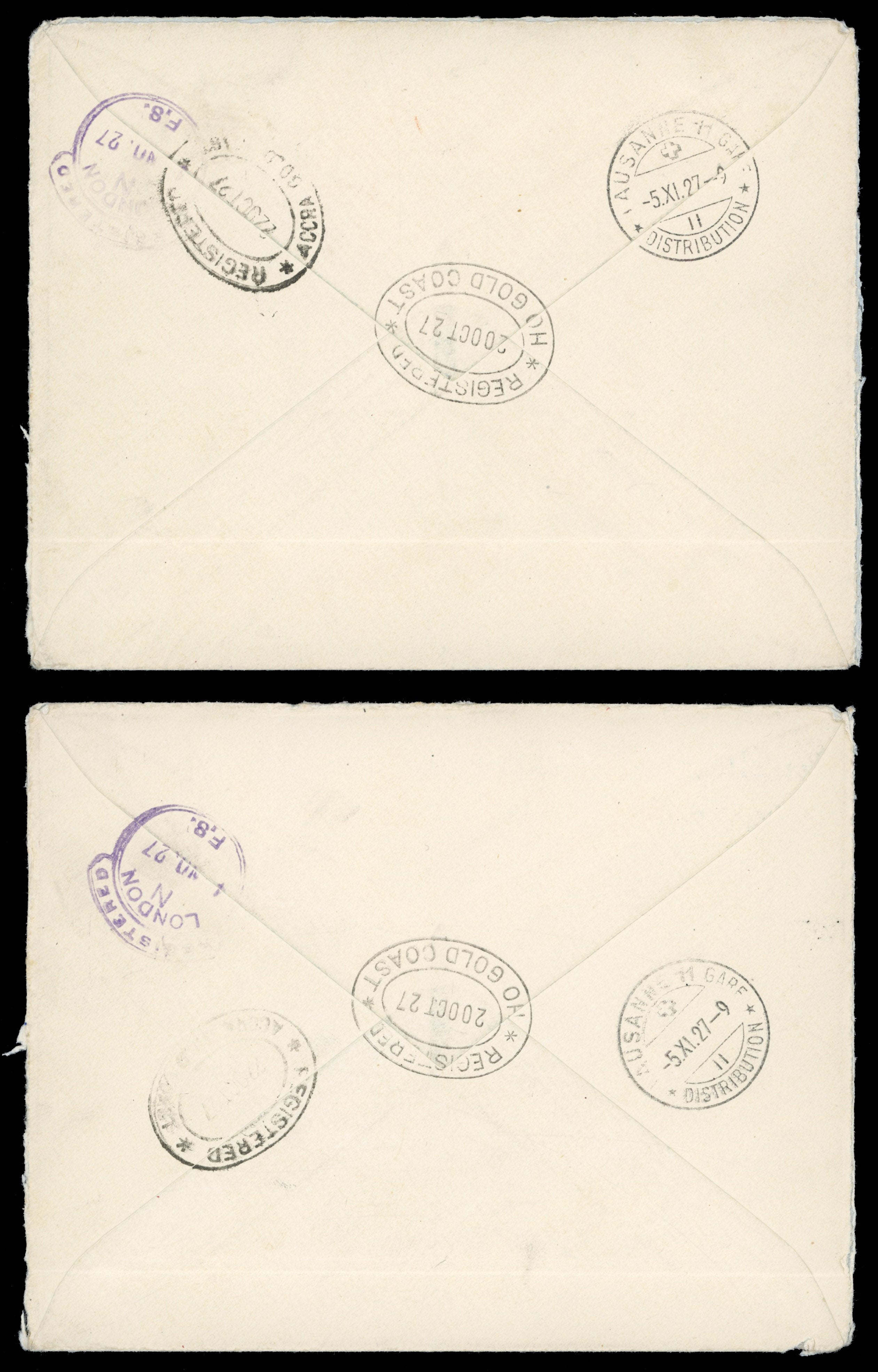 Gold Coast SG 79c, 80 1927 pair of registered covers from Ho to Switzerland with 1913-21 1s, 2s