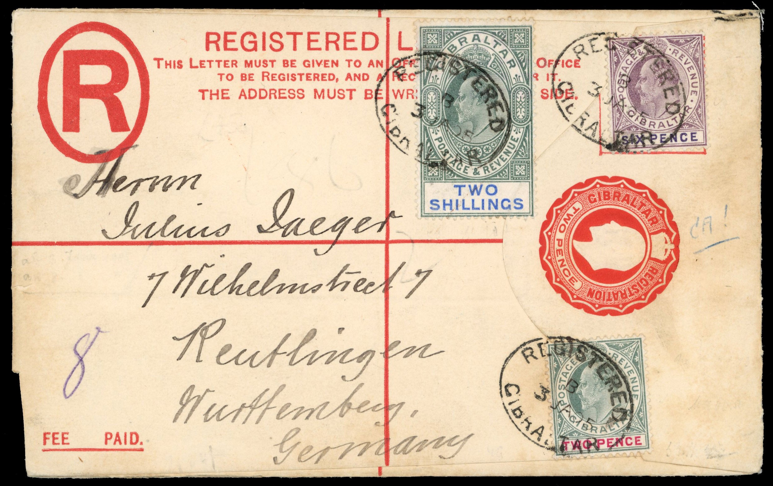 Gibraltar SG 48, 50, 52 Cover 1905 registered postal stationery envelope used to Germany with 1903 2d, 6d, 2s