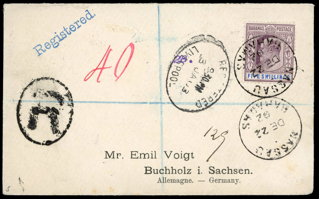 Bahamas SG 69 1902 registered cover to Germany with 1902-07 KEVII 5s