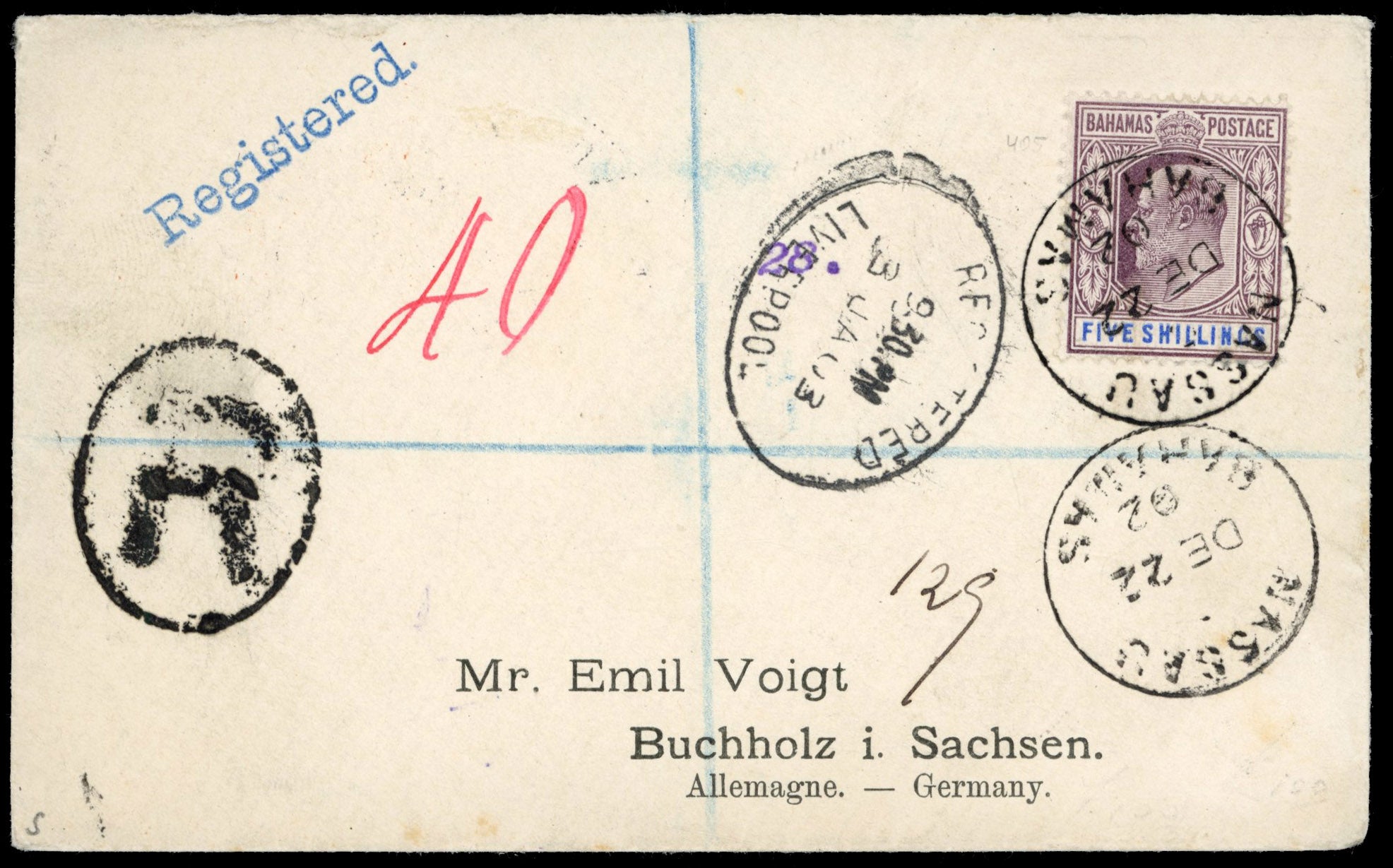 Bahamas SG 69 1902 registered cover to Germany with 1902-07 KEVII 5s