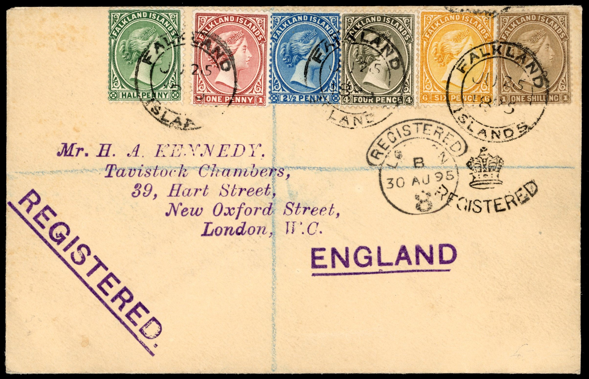 Falkland Islands SG 4, 12, 16/33 1895 registered cover to London with values to 1s