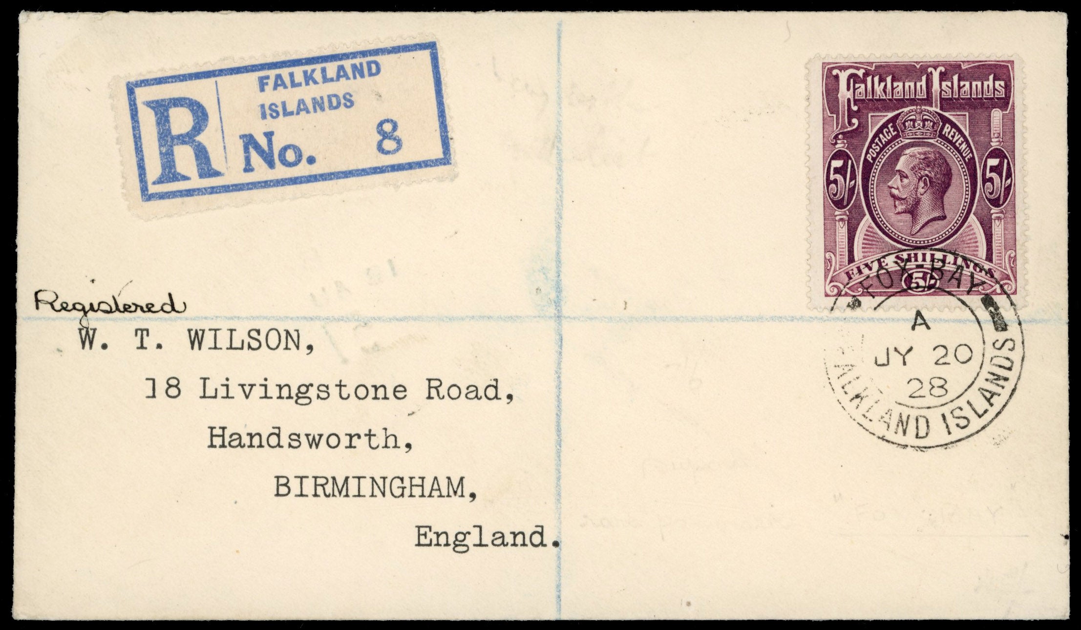Falkland Islands SG 67b 1928 registered cover from Fox Bay to England with 1912-20 5s maroon
