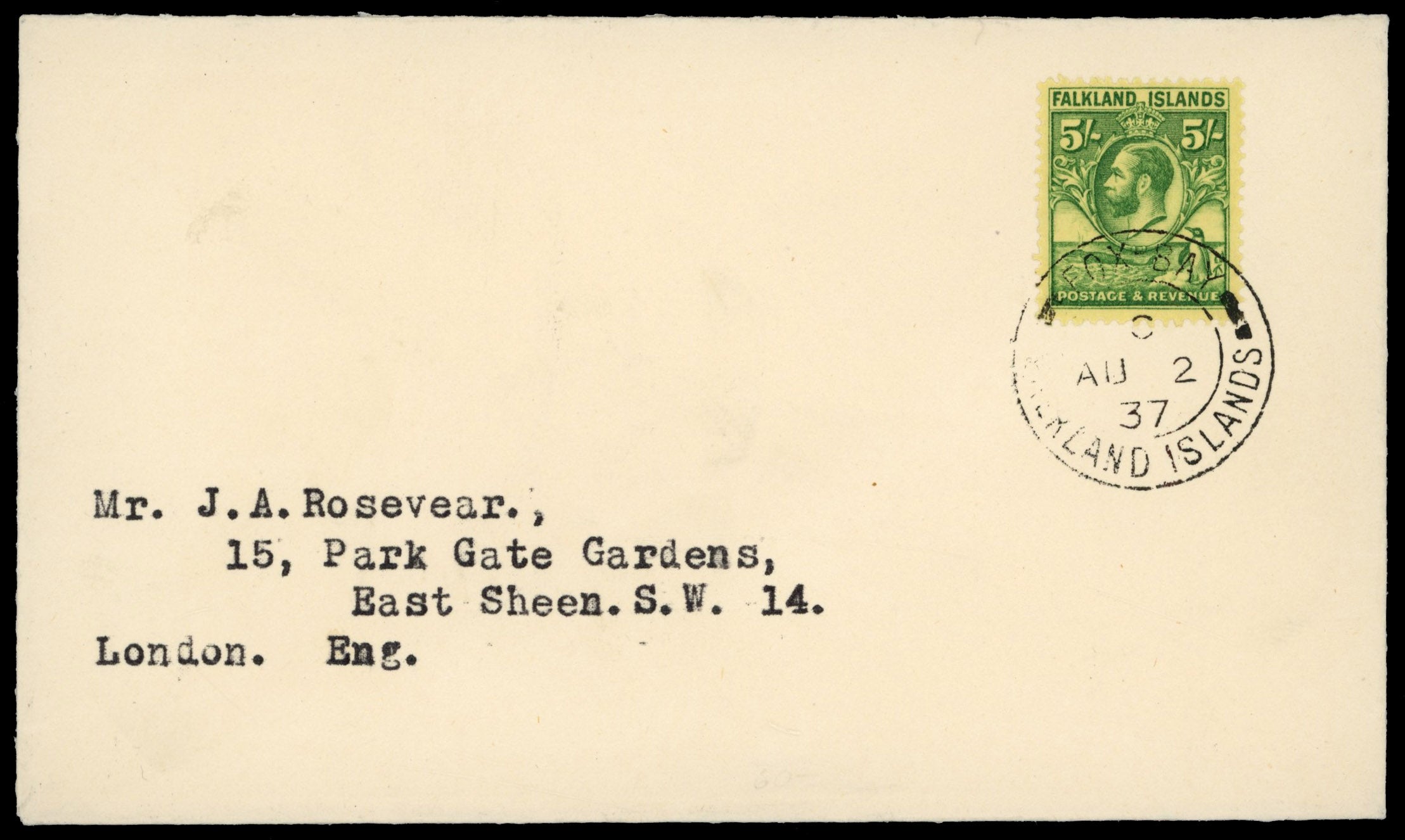 Falkland Islands SG 124 1937 cover from Fox Bay to London with 1929-37 Whale and Penguin 5s