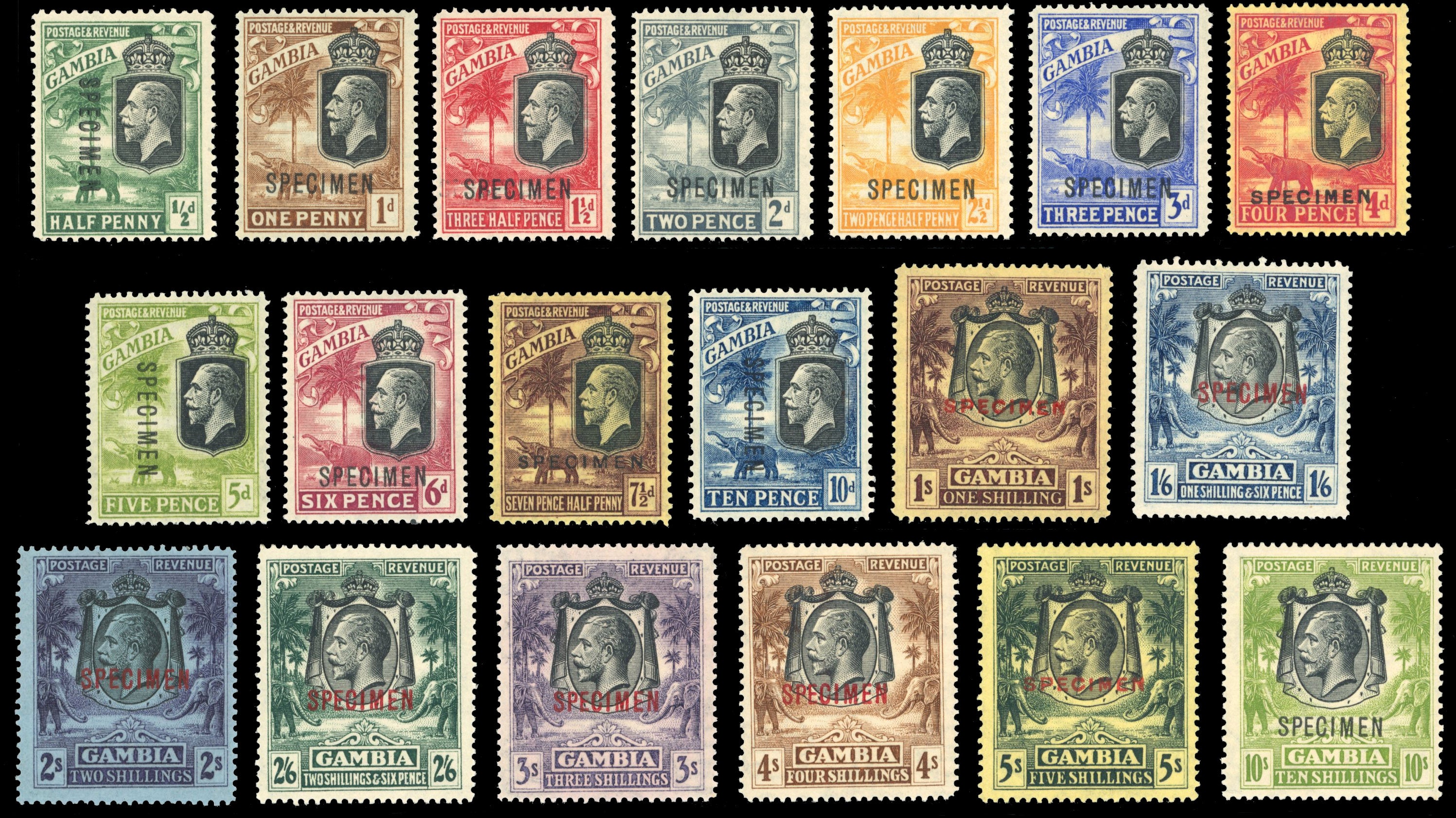Gambia SG 122s/42s Specimen 1922-29 set of 19 to 10s Script watermark