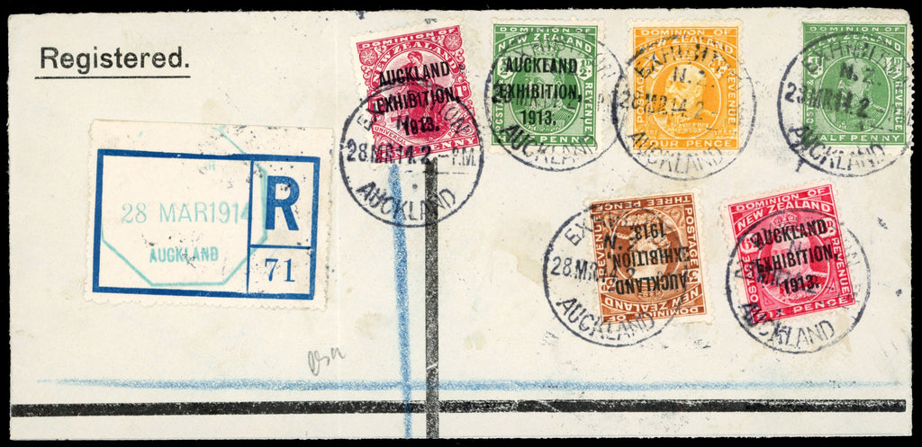 New Zealand SG 412/15, 387, 390a Used 1914 Auckland Exhibition set on part registered cover