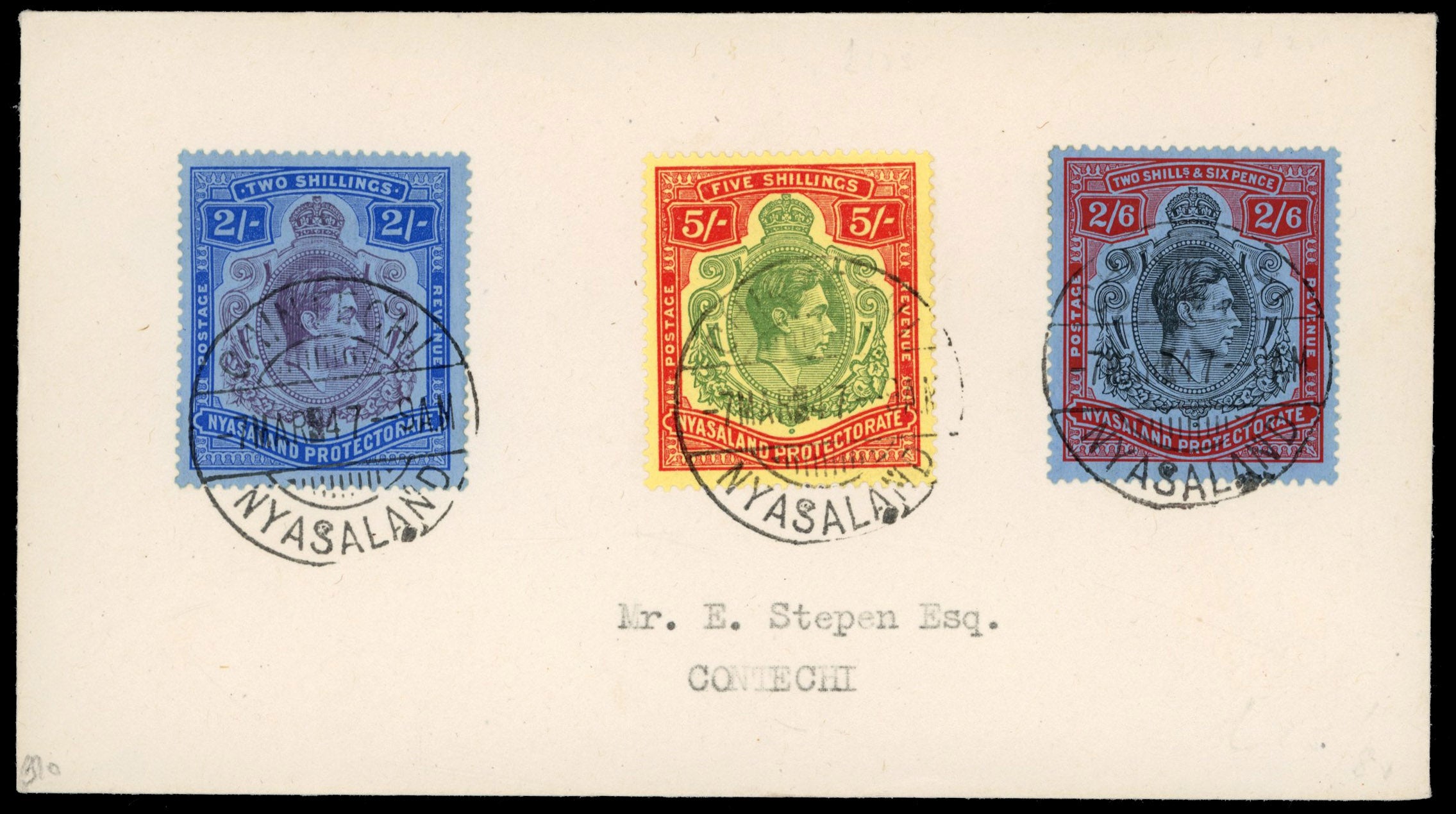 Nyasaland SG 139/40, 141a 1938-44 2s, 2s6d, 5s ordinary paper tied to cover from Chintechi.