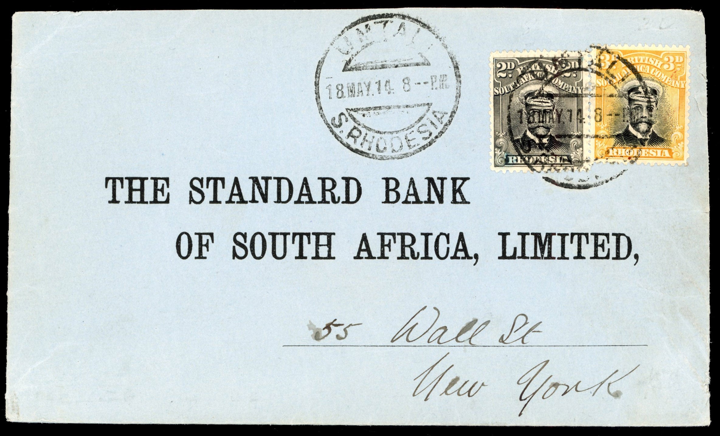 Rhodesia SG 209, 222 1914 cover from Umtali to USA with 1913-19 Admiral 2d die I and 3d die II
