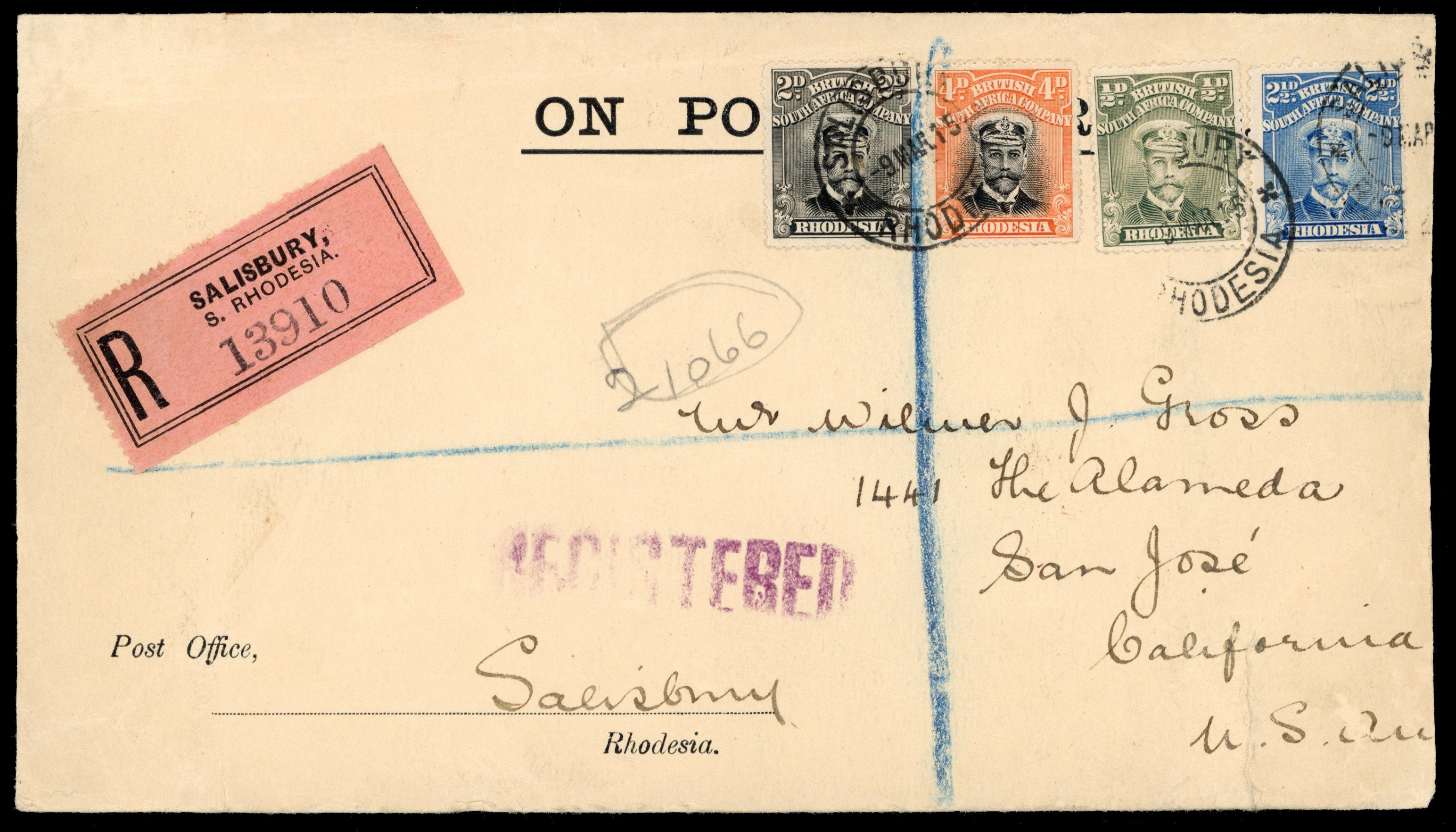 Rhodesia SG 201, 202, 216, 244 1915 registered cover from Saliabury to USA with 1913-19 Admiral ½d perf 15, 2d die II perf 15, 2½d perf 14, 4d die I perf 15
