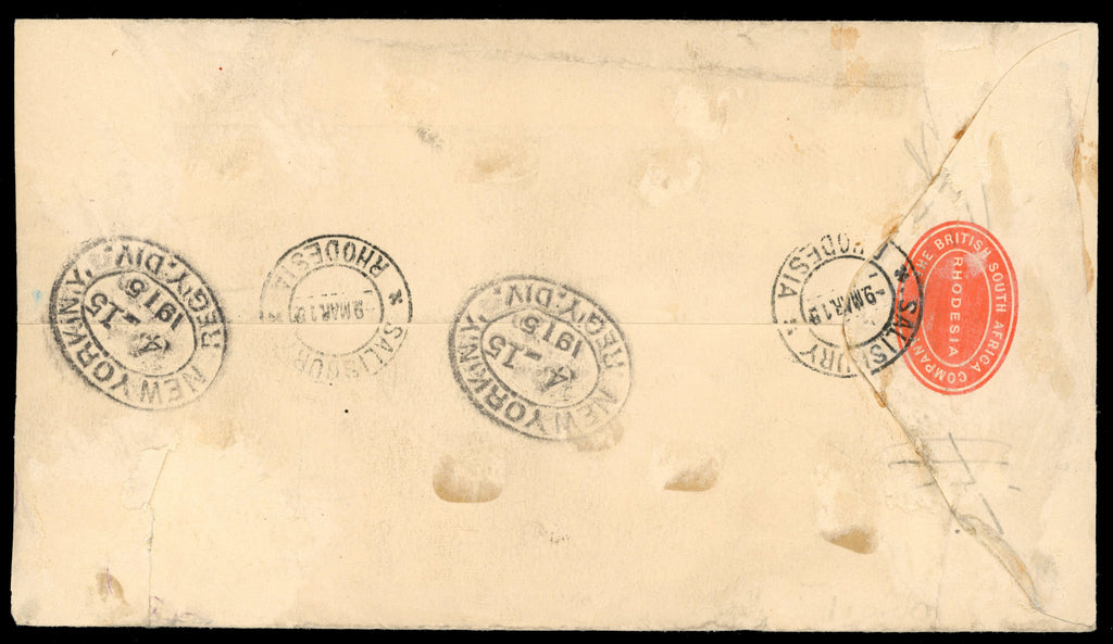 Rhodesia SG 201, 202, 216, 244 1915 registered cover from Saliabury to USA with 1913-19 Admiral ½d perf 15, 2d die II perf 15, 2½d perf 14, 4d die I perf 15