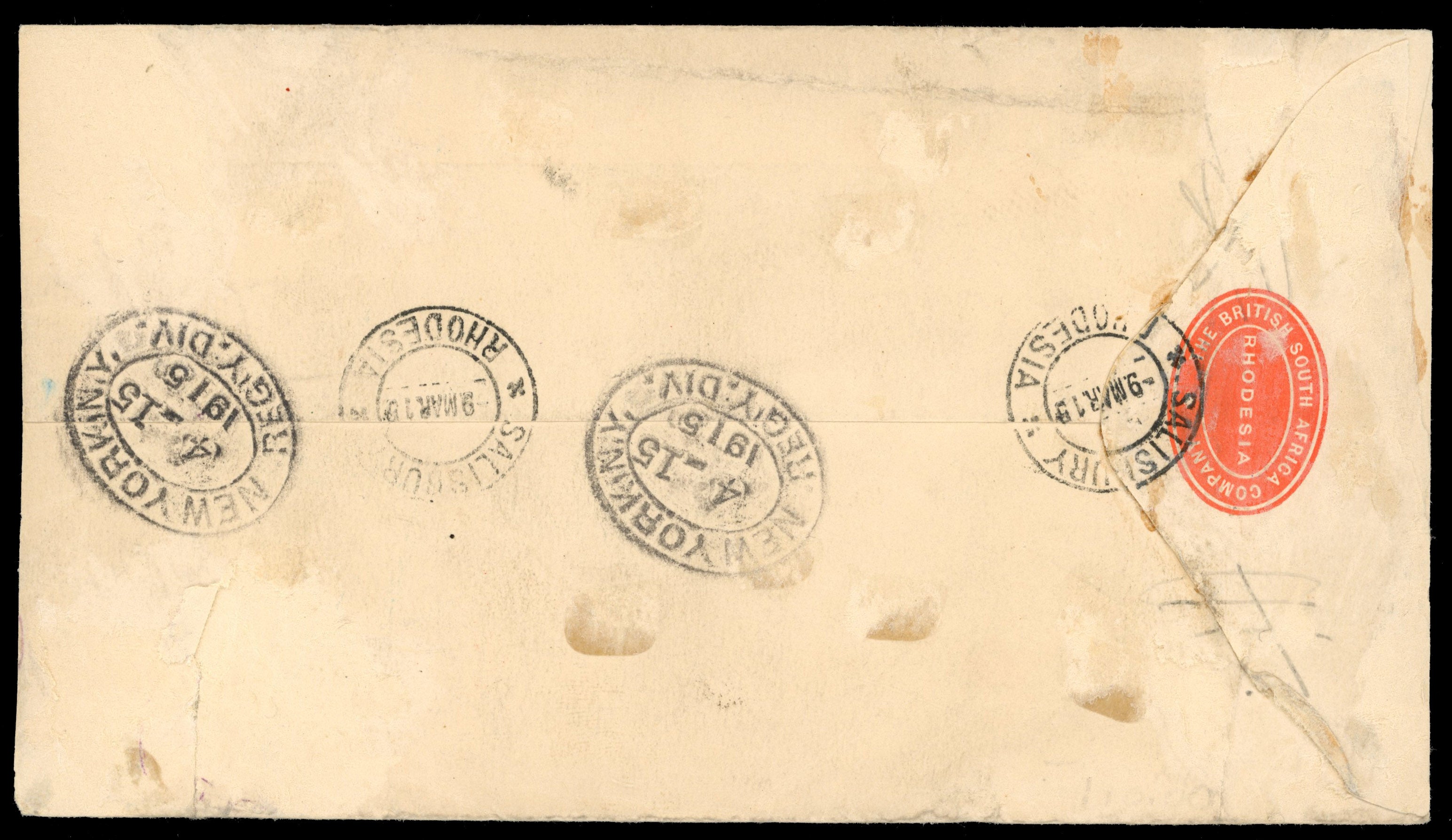 Rhodesia SG 201, 202, 216, 244 1915 registered cover from Saliabury to USA with 1913-19 Admiral ½d perf 15, 2d die II perf 15, 2½d perf 14, 4d die I perf 15