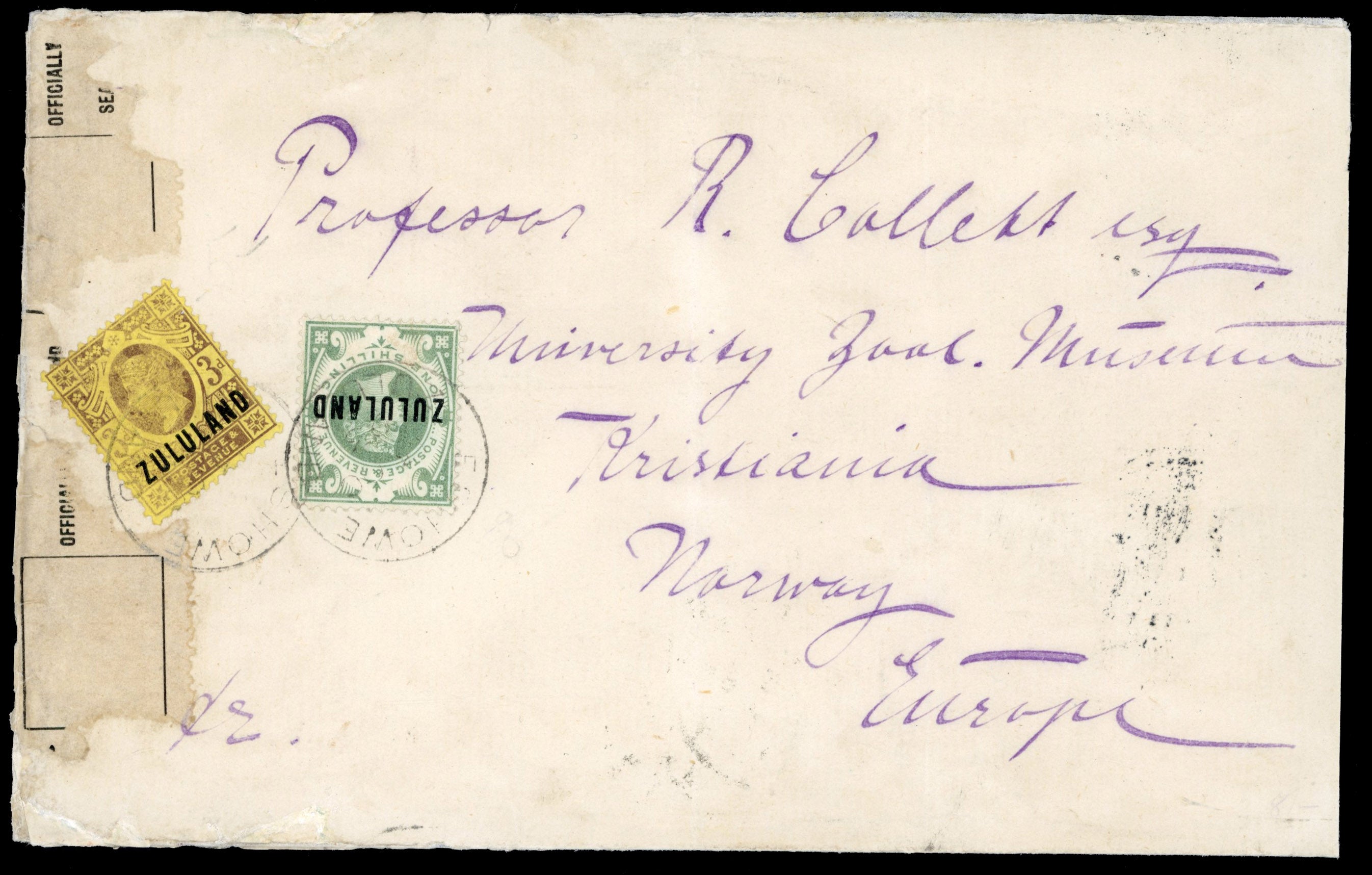 Zululand SG 5, 10 1893 cover to Norway with 1888-93 3d and 1s