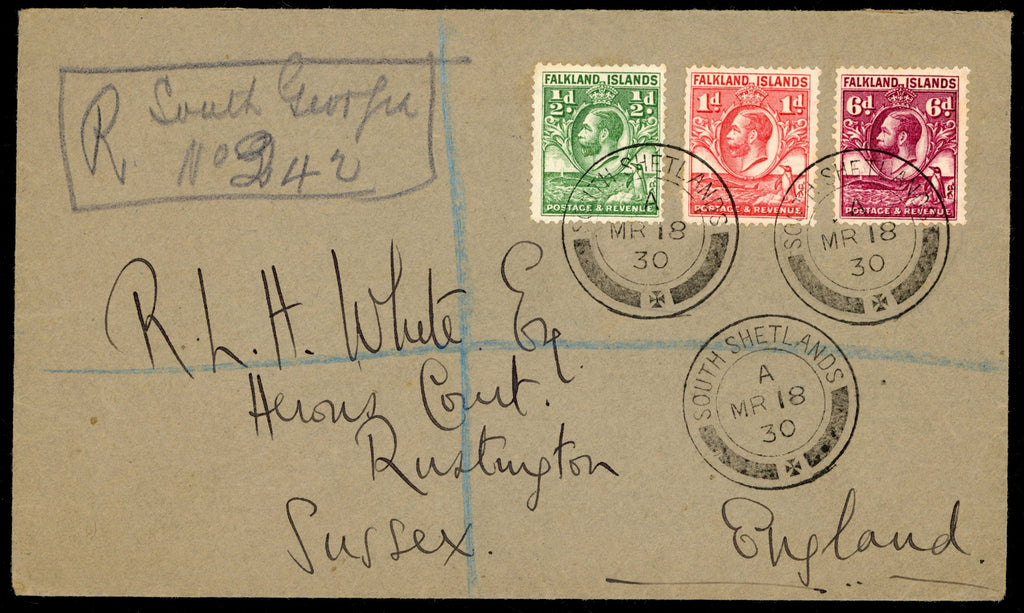 Falkland Islands Dependencies SG Z149, Z150, Z153 1930 registered cover from South Shetlands to England with 1929 Whale and Penguin ½d, 1d, 6d and hand drawn registration label