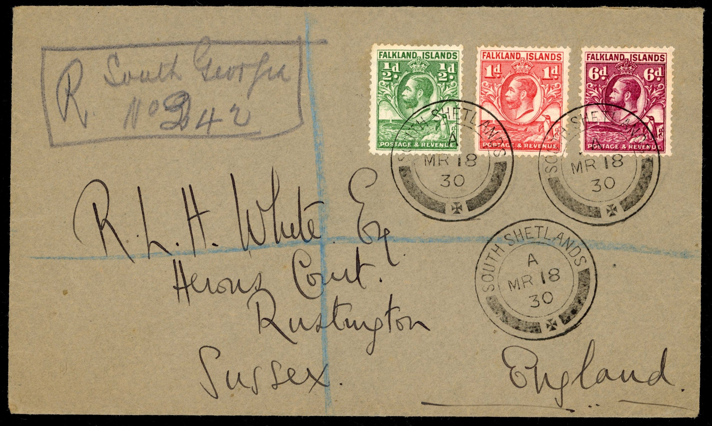Falkland Islands Dependencies SG Z149, Z150, Z153 1930 registered cover from South Shetlands to England with 1929 Whale and Penguin ½d, 1d, 6d and hand drawn registration label