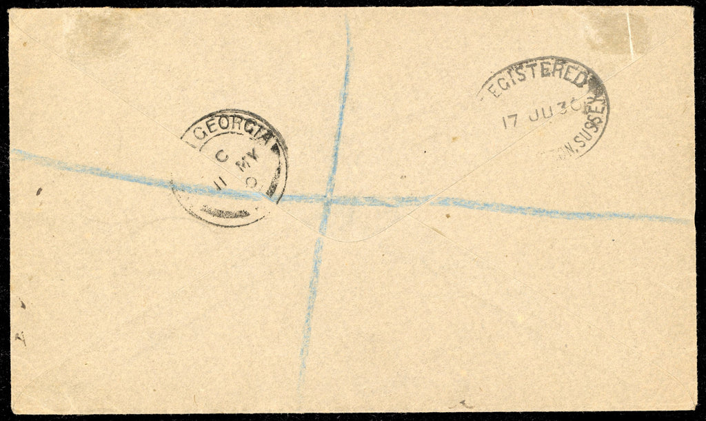 Falkland Islands Dependencies SG Z149, Z150, Z153 1930 registered cover from South Shetlands to England with 1929 Whale and Penguin ½d, 1d, 6d and hand drawn registration label
