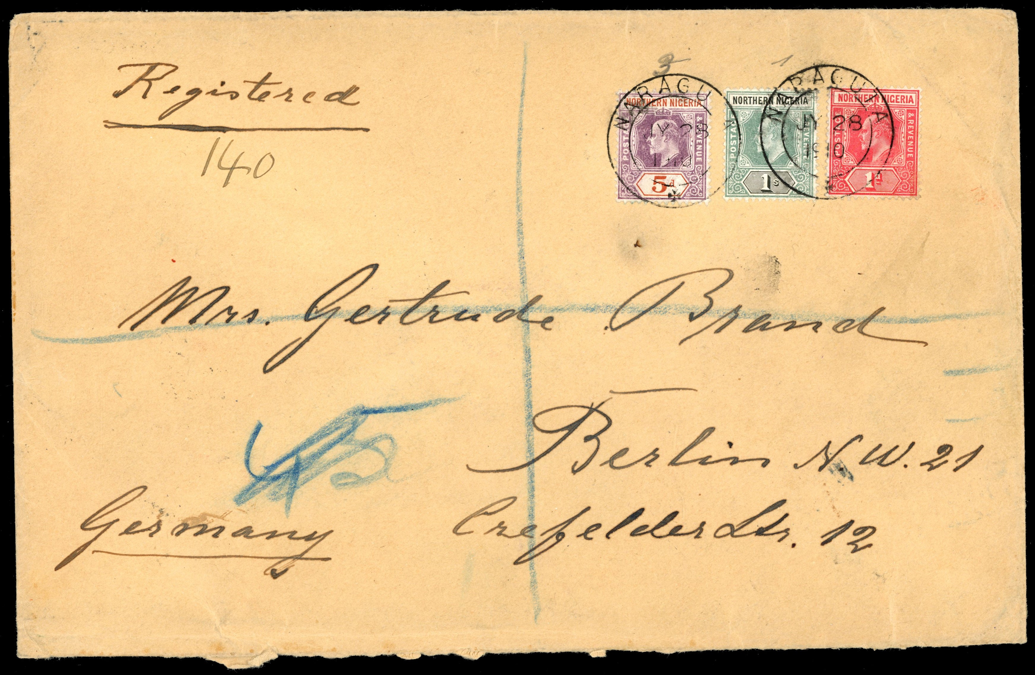 Northern Nigeria SG 24a, 26a, 29 1910 registered cover from Naraguta to Berlin with 1905-07 5d, 1s