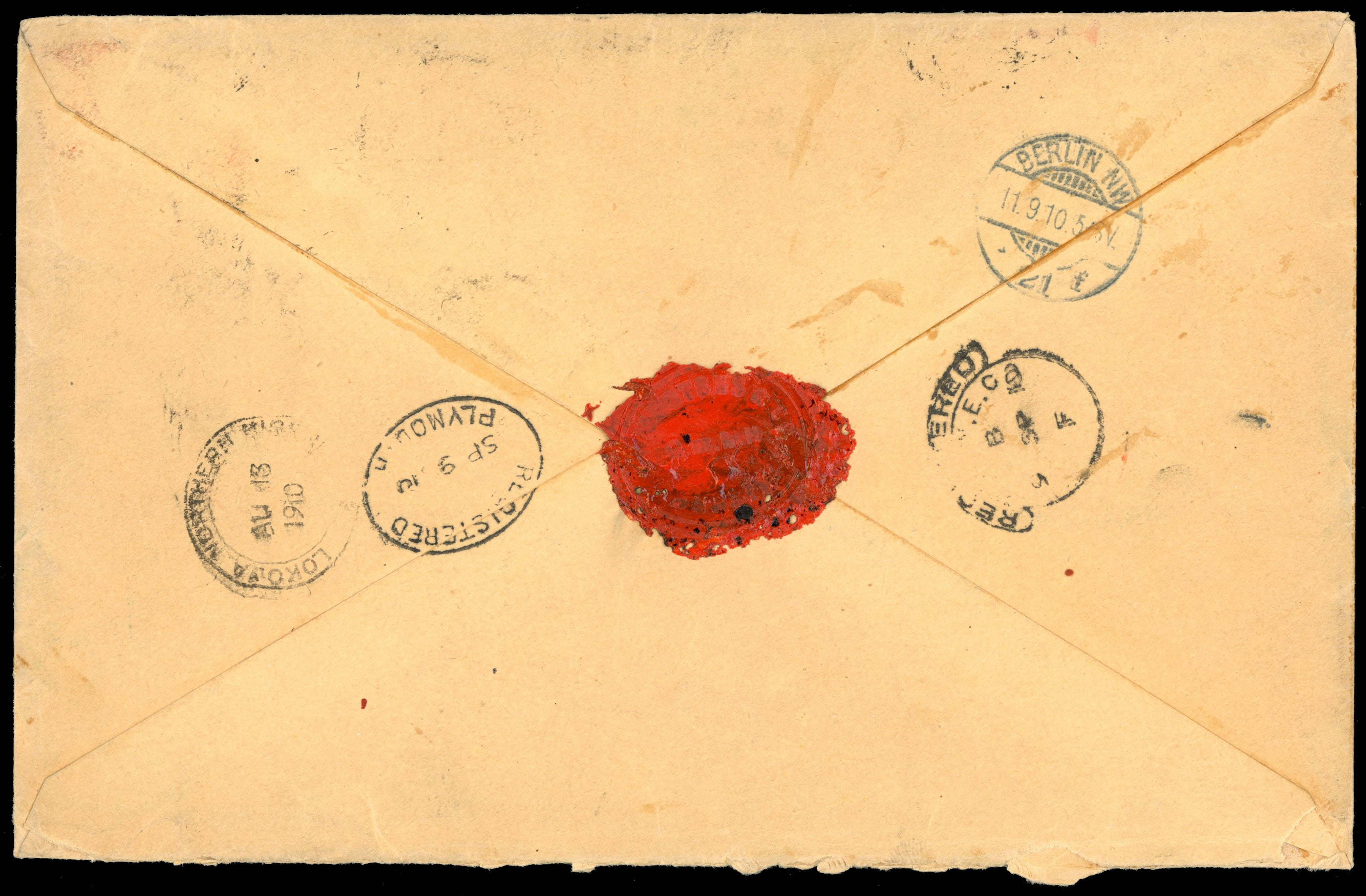 Northern Nigeria SG 24a, 26a, 29 1910 registered cover from Naraguta to Berlin with 1905-07 5d, 1s