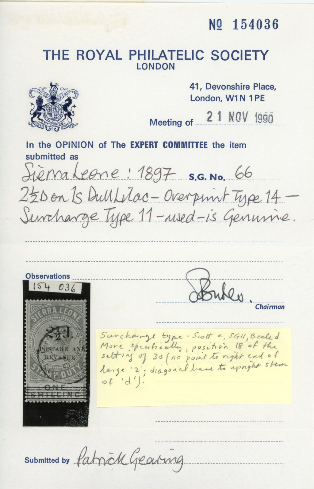 Sierra Leone SG 66 Used 1897 2½d on 1s dull lilac type 11 surcharge