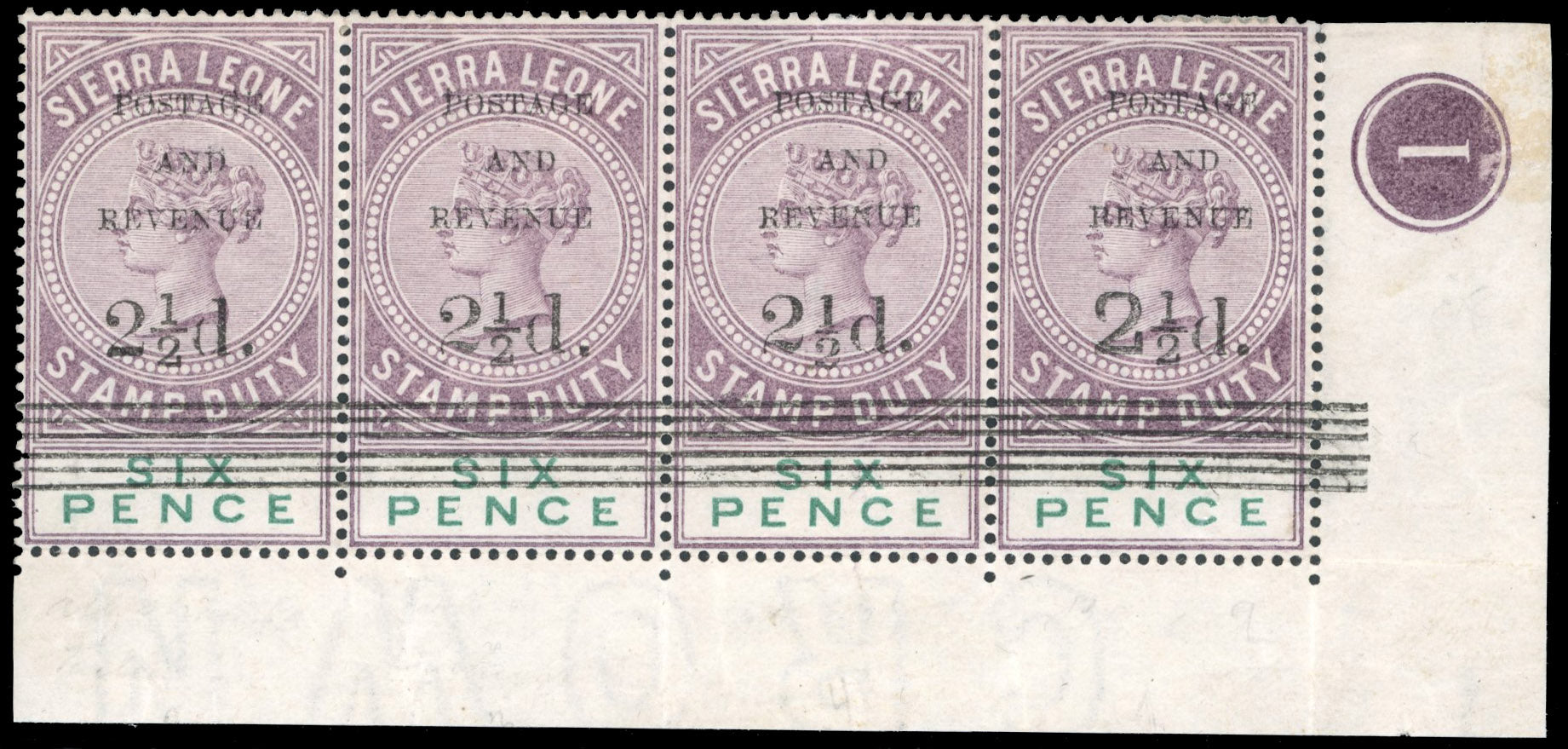 Sierra Leone SG 59/62 Mint 1897 2½d on 6d dull purple and green strip with all four surcharge types se-tenant