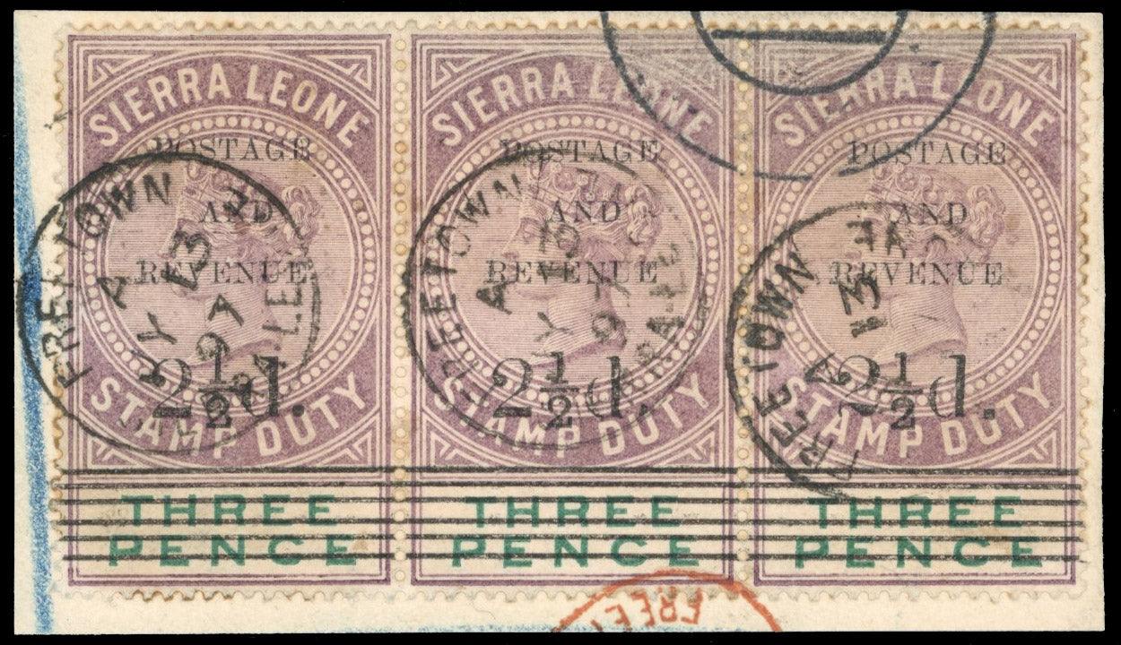 Sierra Leone SG 55, 57 Used 1897 2½d on 3d dull purple and green strip of 3 with surcharge types 8+8+11 se-tenant