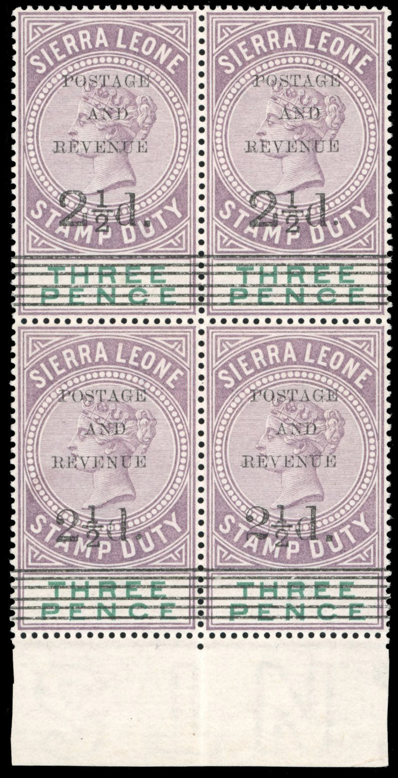 Sierra Leone SG 55/57 Mint 1897 2½d on 3d dull purple and green block of 4 surcharge types 8+8/10+11