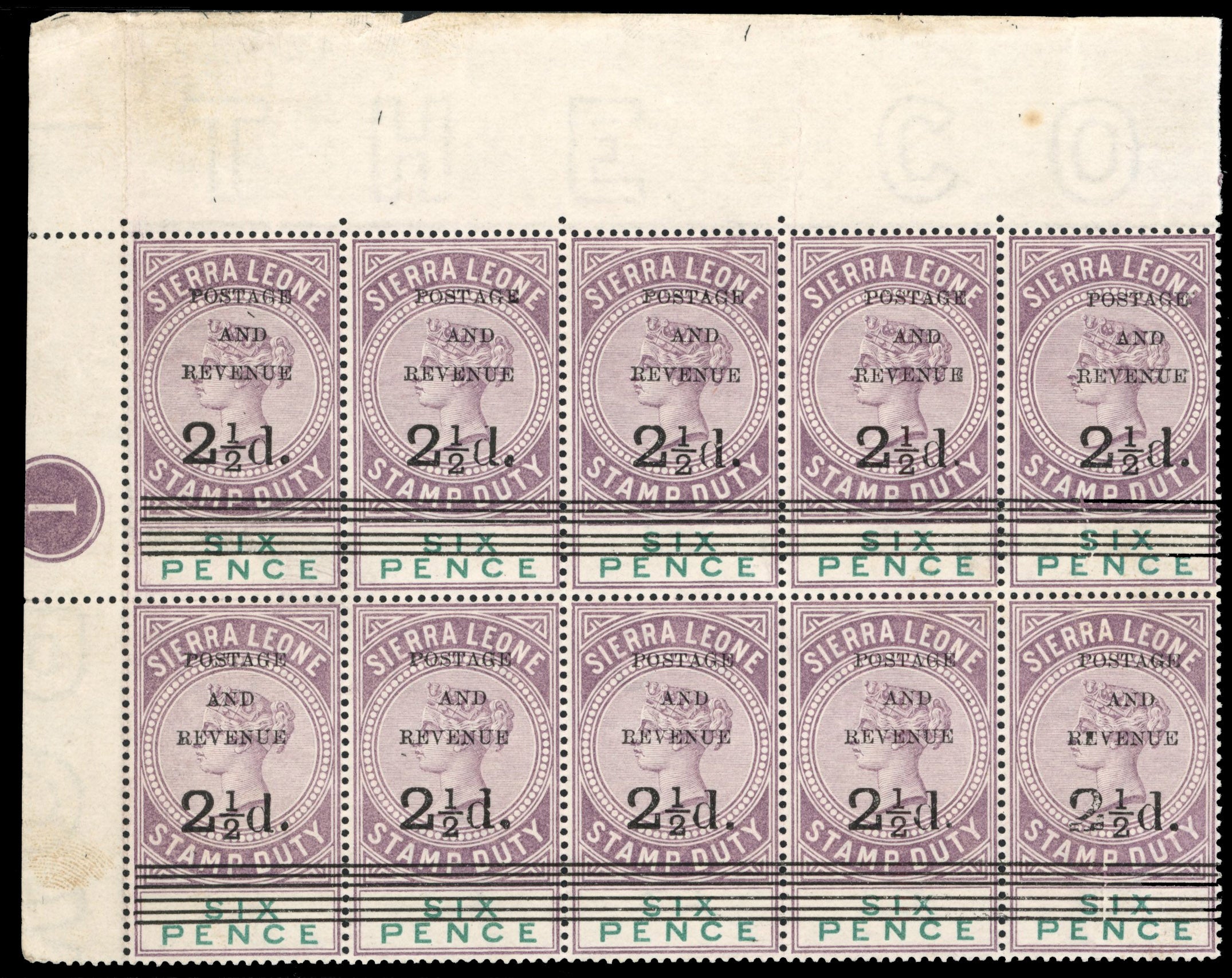 Sierra Leone SG 59 Mint 1897 2½d on 6d dull purple and green plate block of 10 surcharge type 8