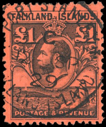 Falkland Islands SG 126 Used 1929-37 Whale and Penguin £1 black on red