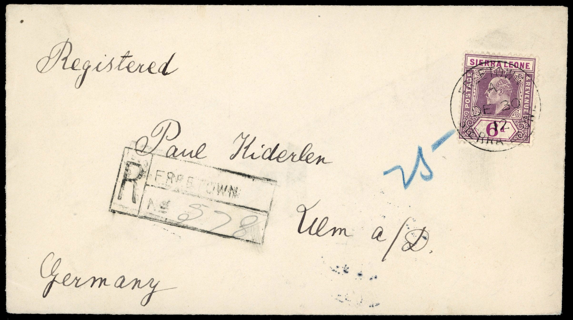 Sierra Leone SG 107 1912 registered cover to Germany with 1907-12 6d dull and bright purple