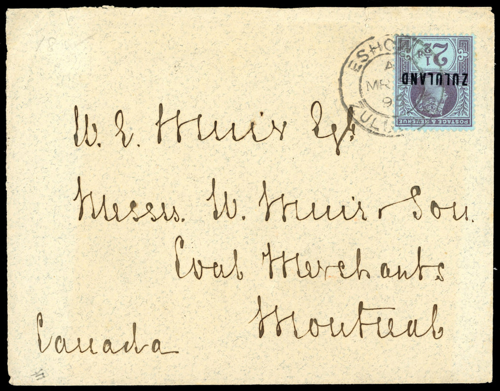 Zululand SG 4 1895 cover from Eshowe to Canada with 1888-93 2½d purple on blue