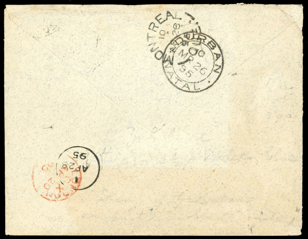 Zululand SG 4 1895 cover from Eshowe to Canada with 1888-93 2½d purple on blue