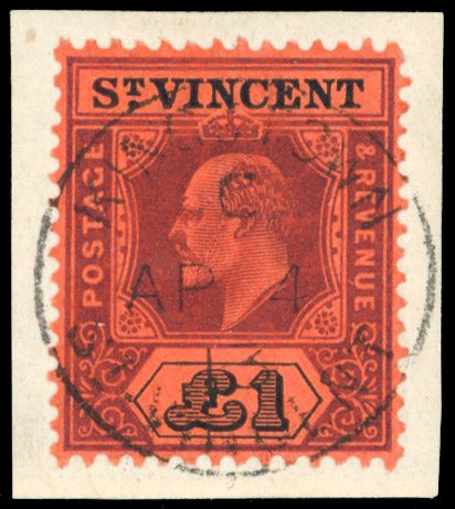 St Vincent SG 93 Used 1904-11 KEVII £1 purple and black on red