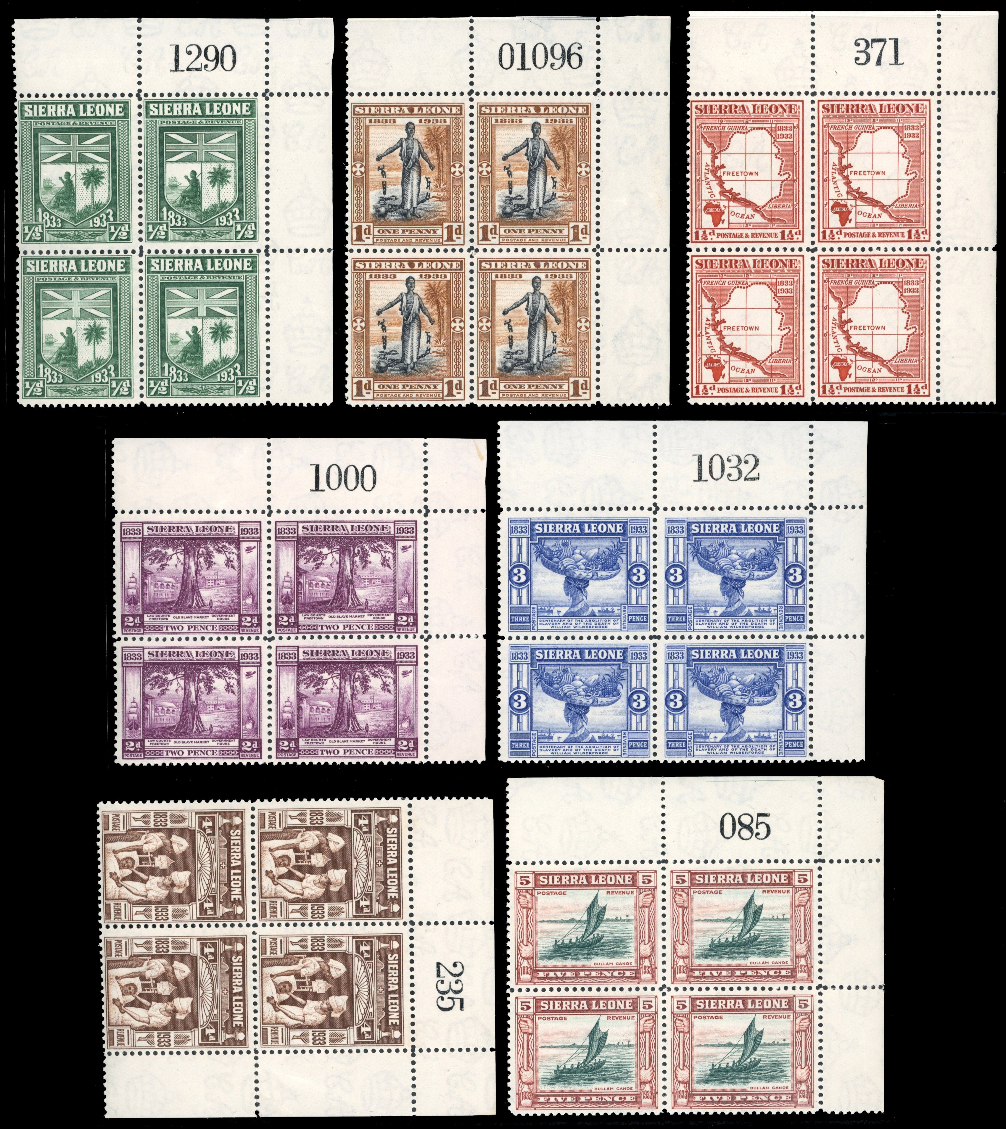 Sierra Leone SG 168/76 Unmounted Mint 1933 Wilberforce set of 9 to 1s sheet number blocks