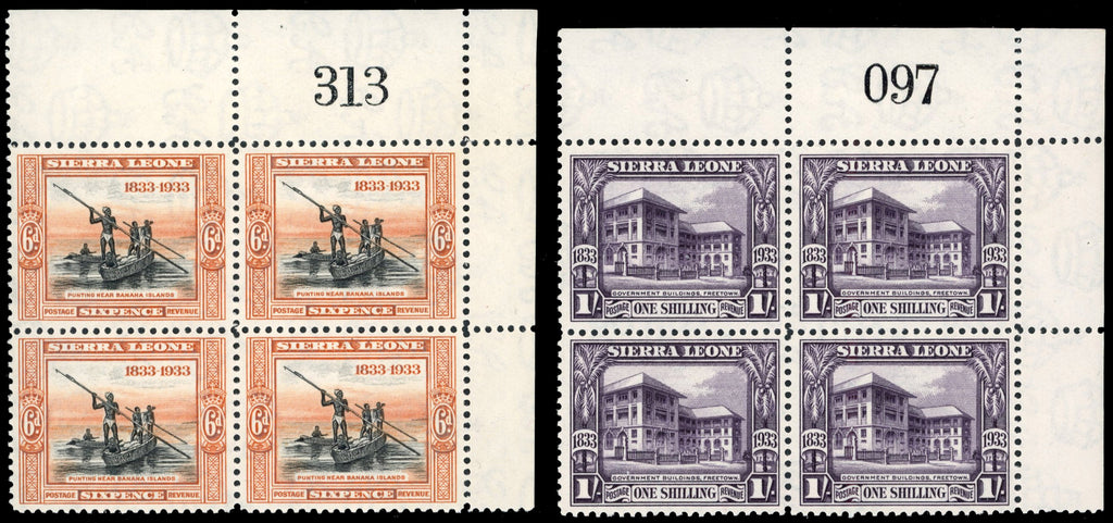 Sierra Leone SG 168/76 Unmounted Mint 1933 Wilberforce set of 9 to 1s sheet number blocks