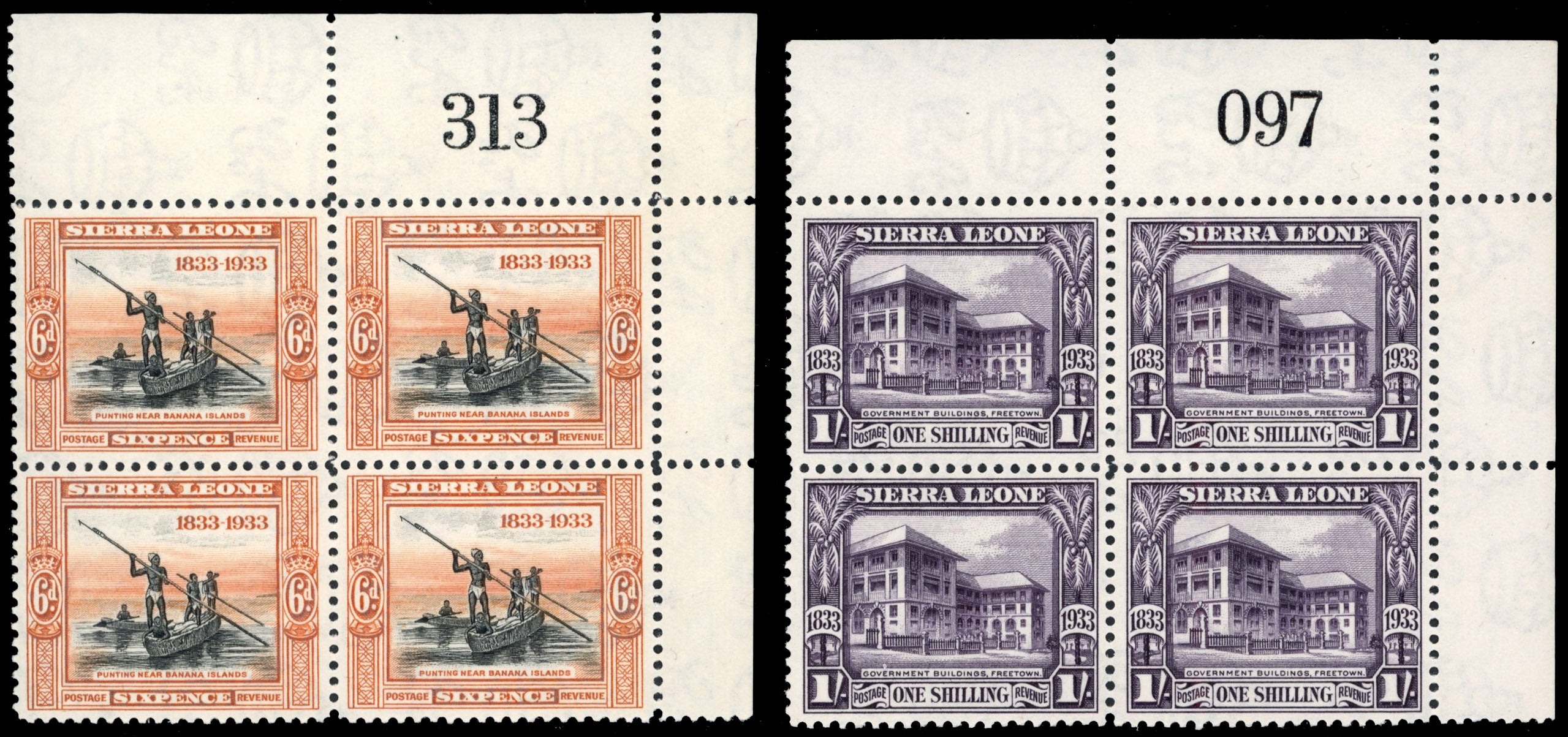 Sierra Leone SG 168/76 Unmounted Mint 1933 Wilberforce set of 9 to 1s sheet number blocks