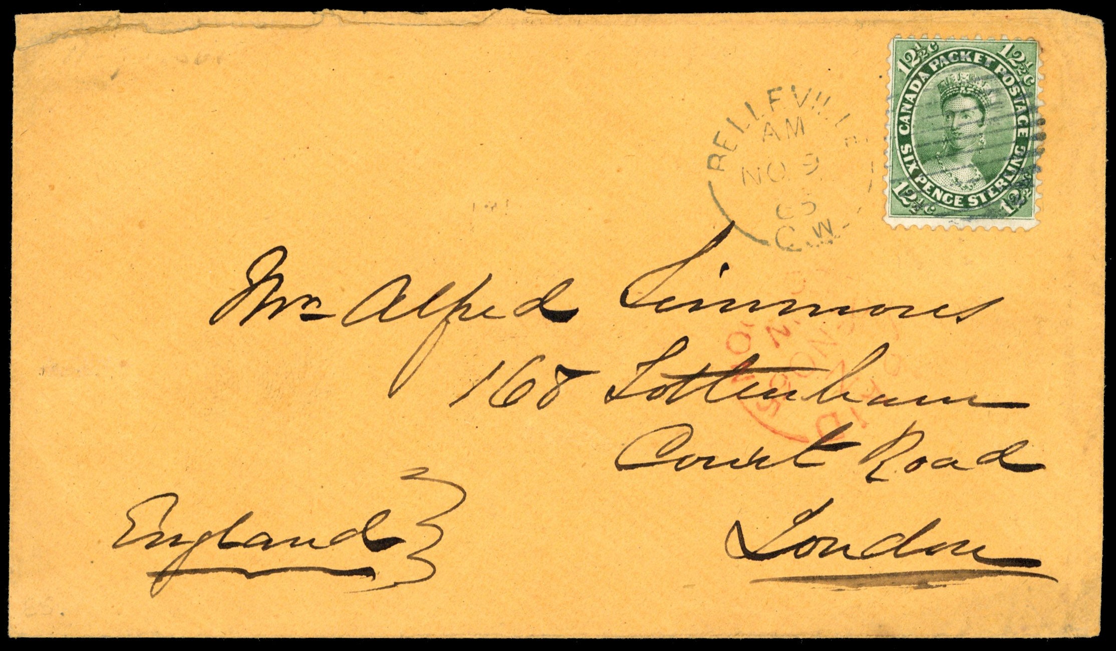 Canada SG 41 1865 cover from Belleville to England at 12½c Allen Line rate