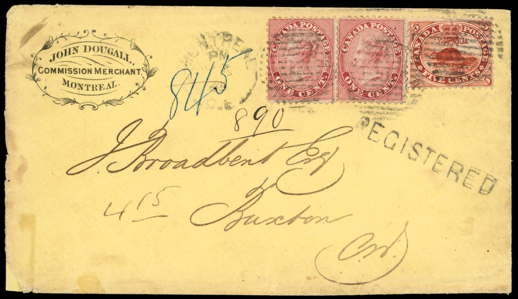 Canada SG 29, 32 1865 registered cover from Montreal to Buxton