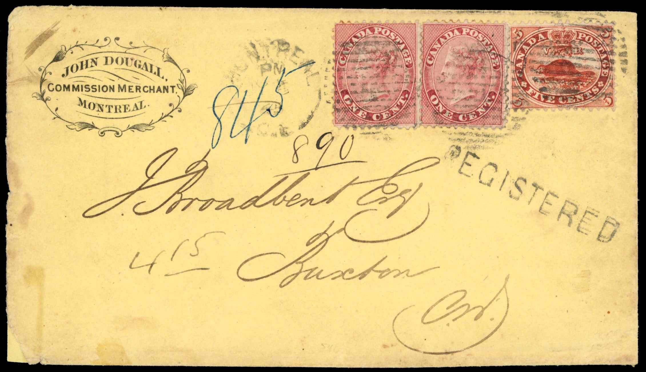 Canada SG 29, 32 1865 registered cover from Montreal to Buxton