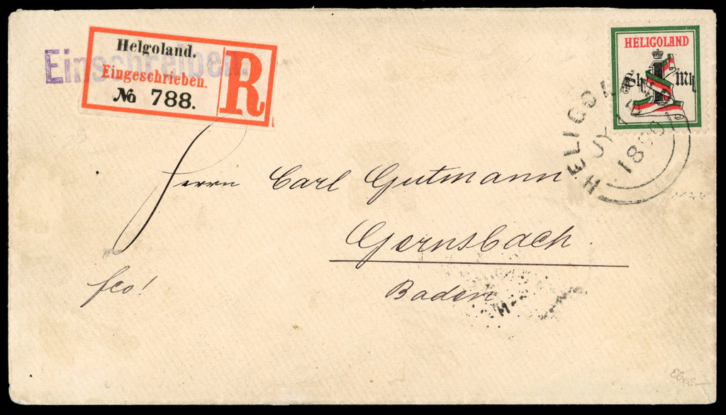 Heligoland SG 18 1890 registered cover to Baden with 1875-90 1m (1s)
